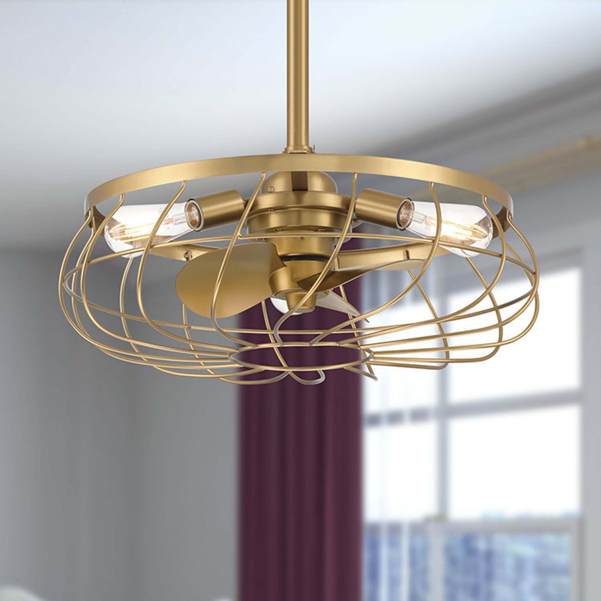 Santiago® 22 inch Fandelier, a caged ceiling fan featured in Brushed Satin Brass Finish