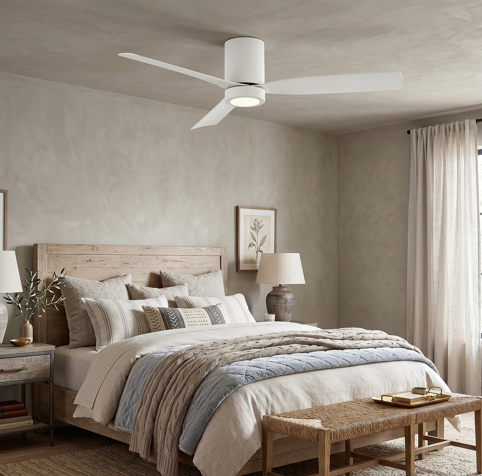 Modern bedroom with a white Cormac ceiling fan, bed, and decor elements.