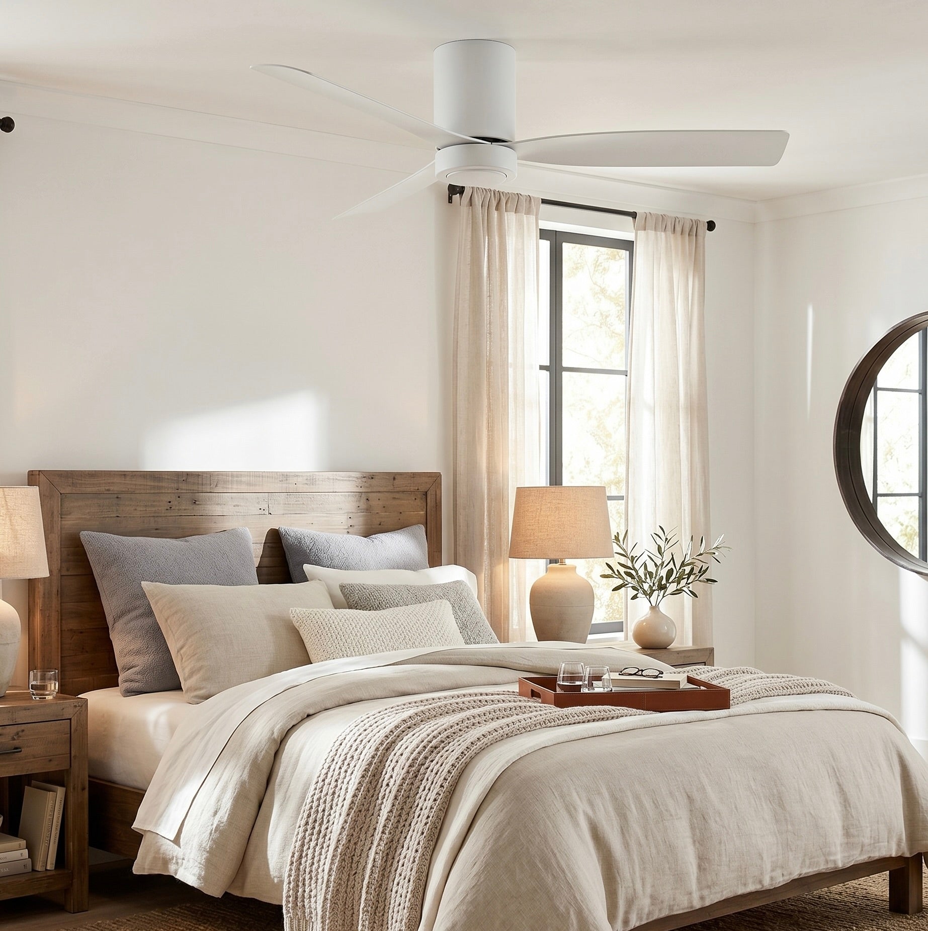 Neatly made bedroom featuring the Cormac ceiling fan in matte white