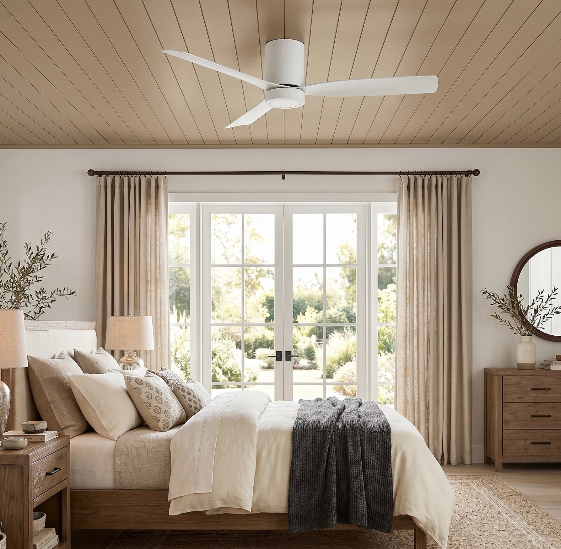 Modern bedroom with Cromac ceiling fan in matte white,