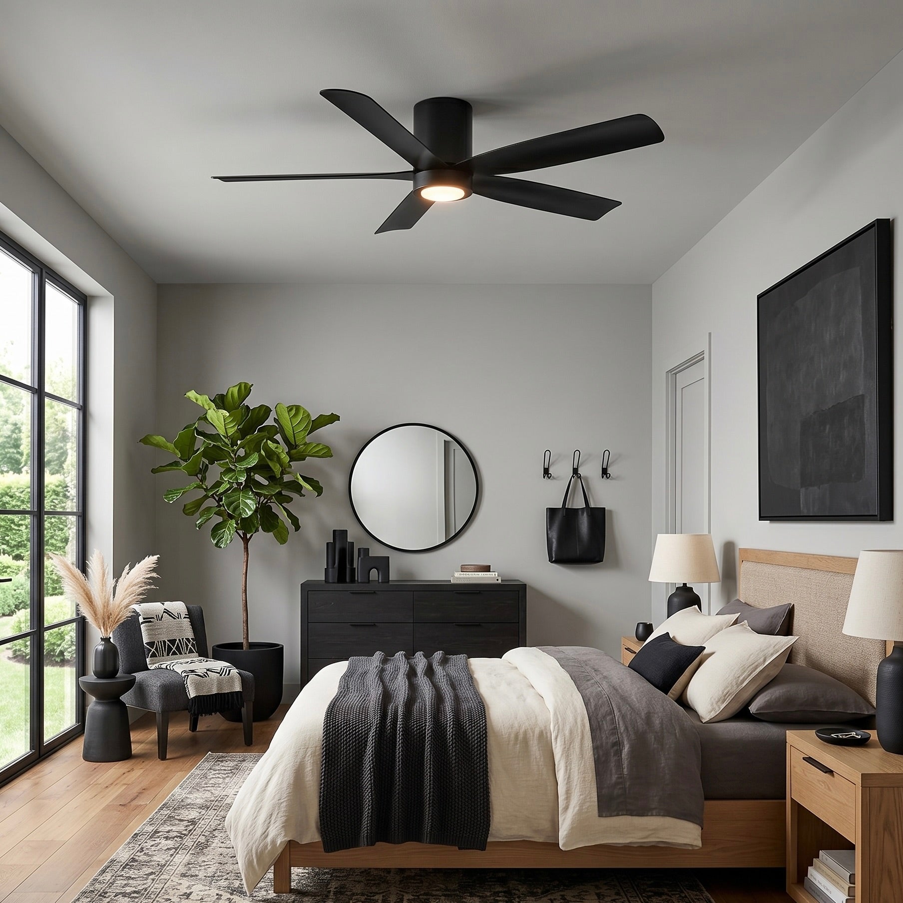 bedroom featuring CORMAC® 52" Low-Profile Ceiling Fan in matte black