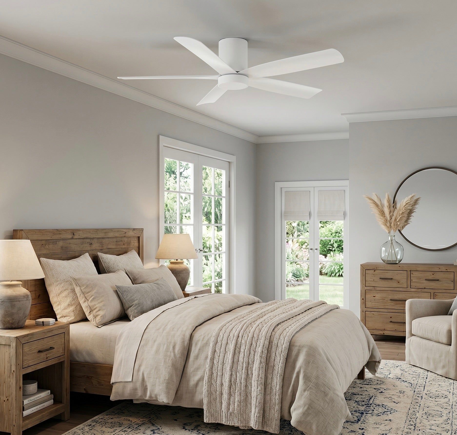 Modern bedroom with wooden furniture, bedding, and a Cormac ceiling fan in matte white.