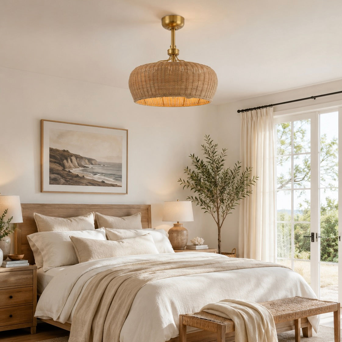 Bedroom ceiling fan featuring Maribel Fandelier Rattan 22inch Ceiling Fan in Aged Brass with LED lights and Remote Control