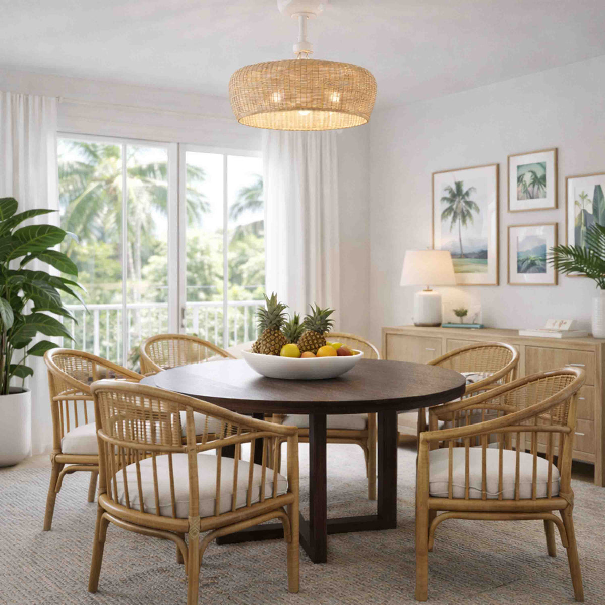 dining room featuring MARIBEL® Fandelier- 22" Rattan Shade Ceiling Fan- Matte White with natural shade