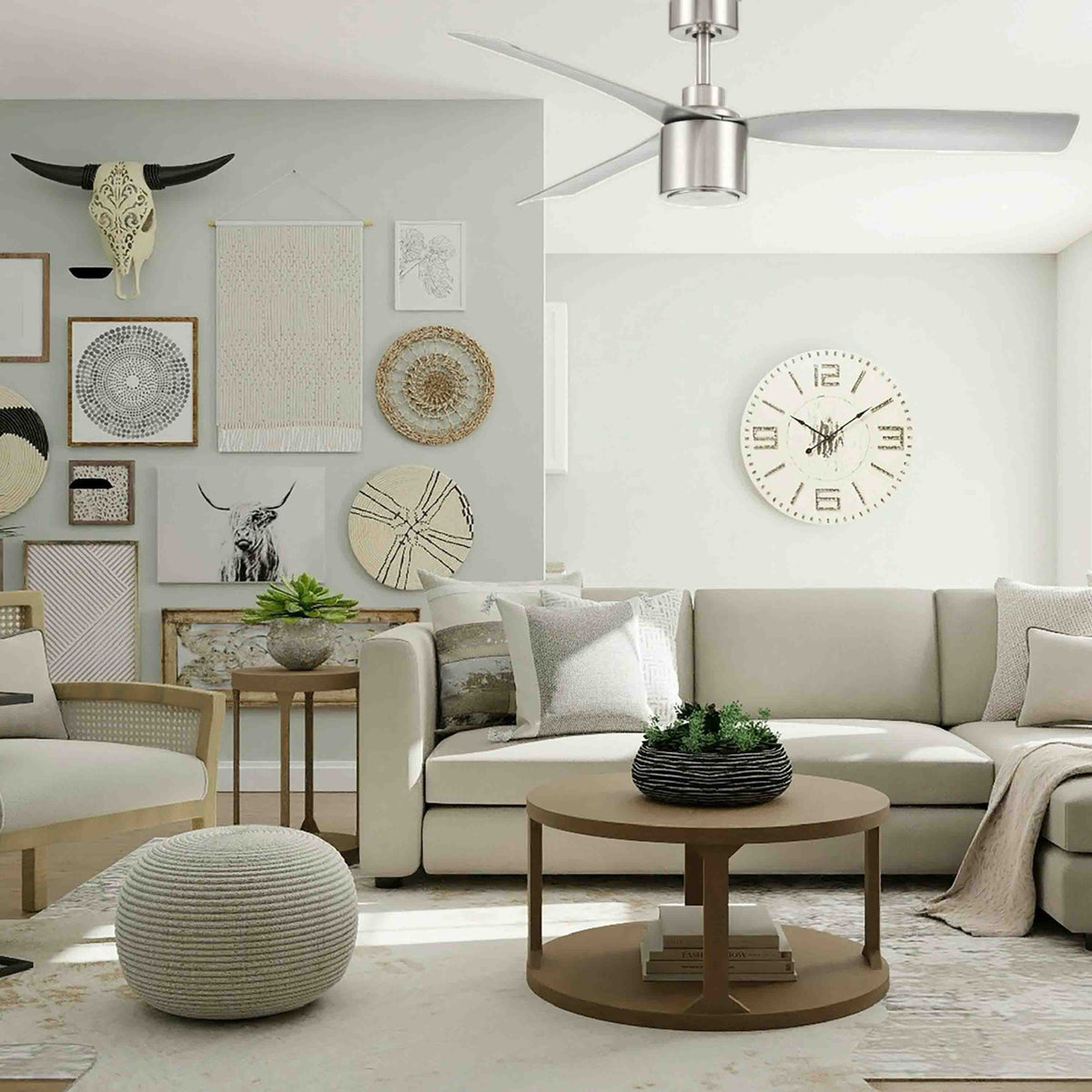 Modern farmhouse living room featuring the Ravian Ceiling fan in brushed nickel with beige sofa, wooden coffee table, and decorative elements.