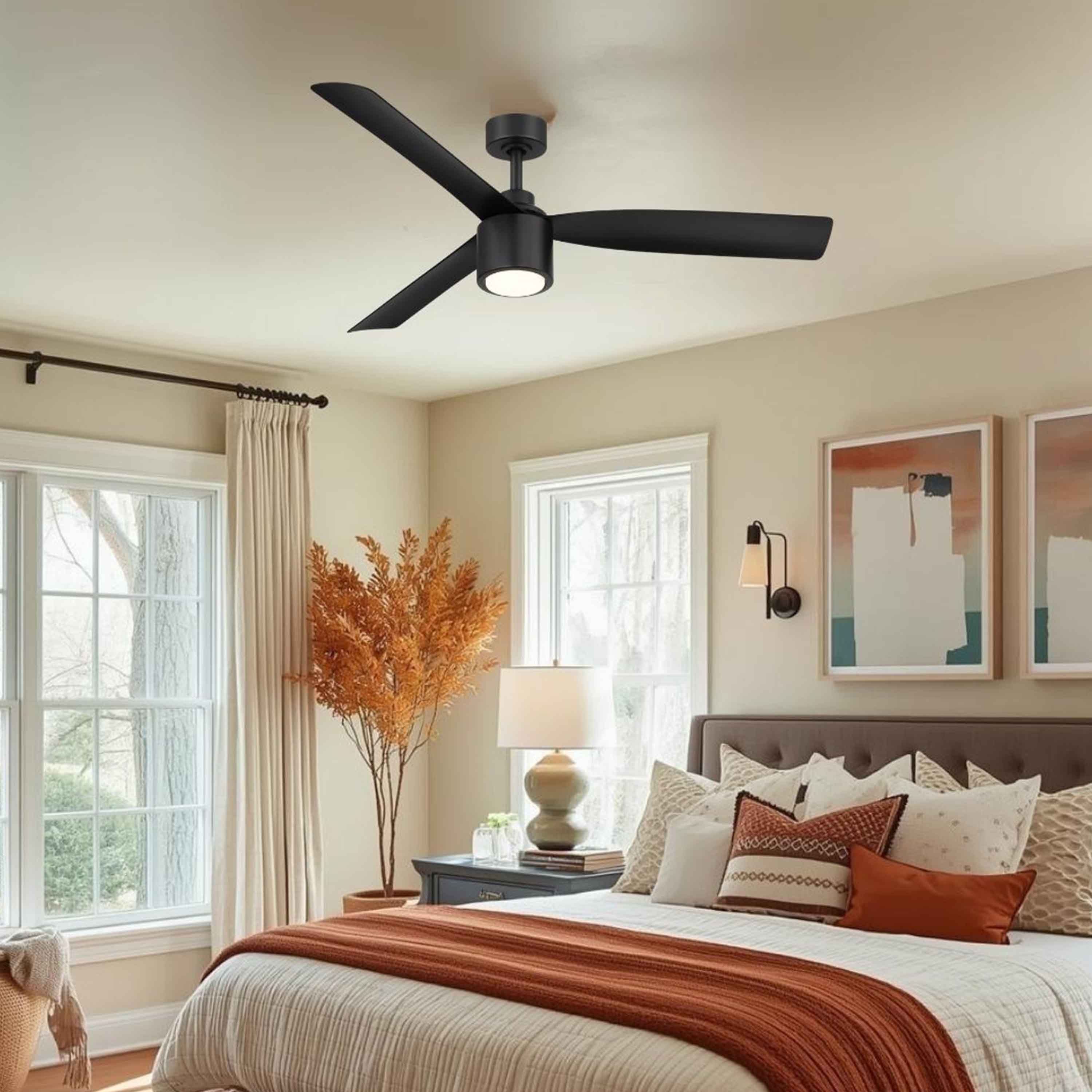 modern bedroom featuring the Ravian 3-blade ceiling fan in matte black