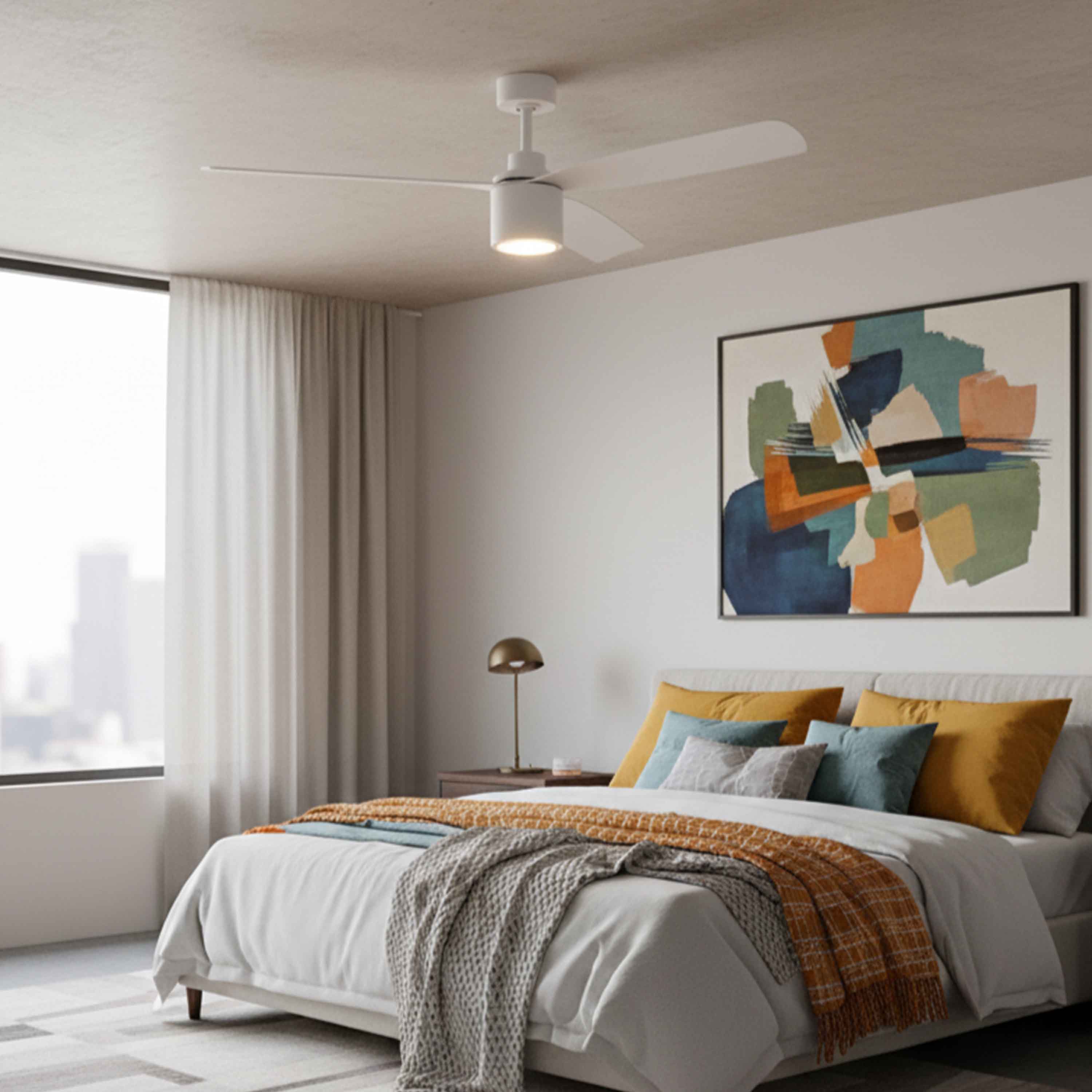 Modern bedroom with abstract art on the wall featuring the Ravian 3-blade ceiling fan in matte white with light