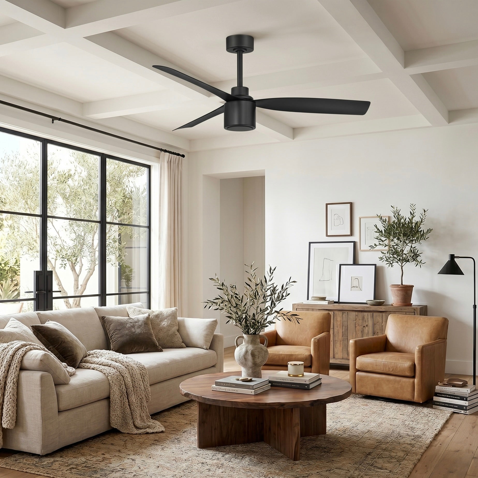 Modern living room featuring Ravian 3 blade ceiling fan in matte black