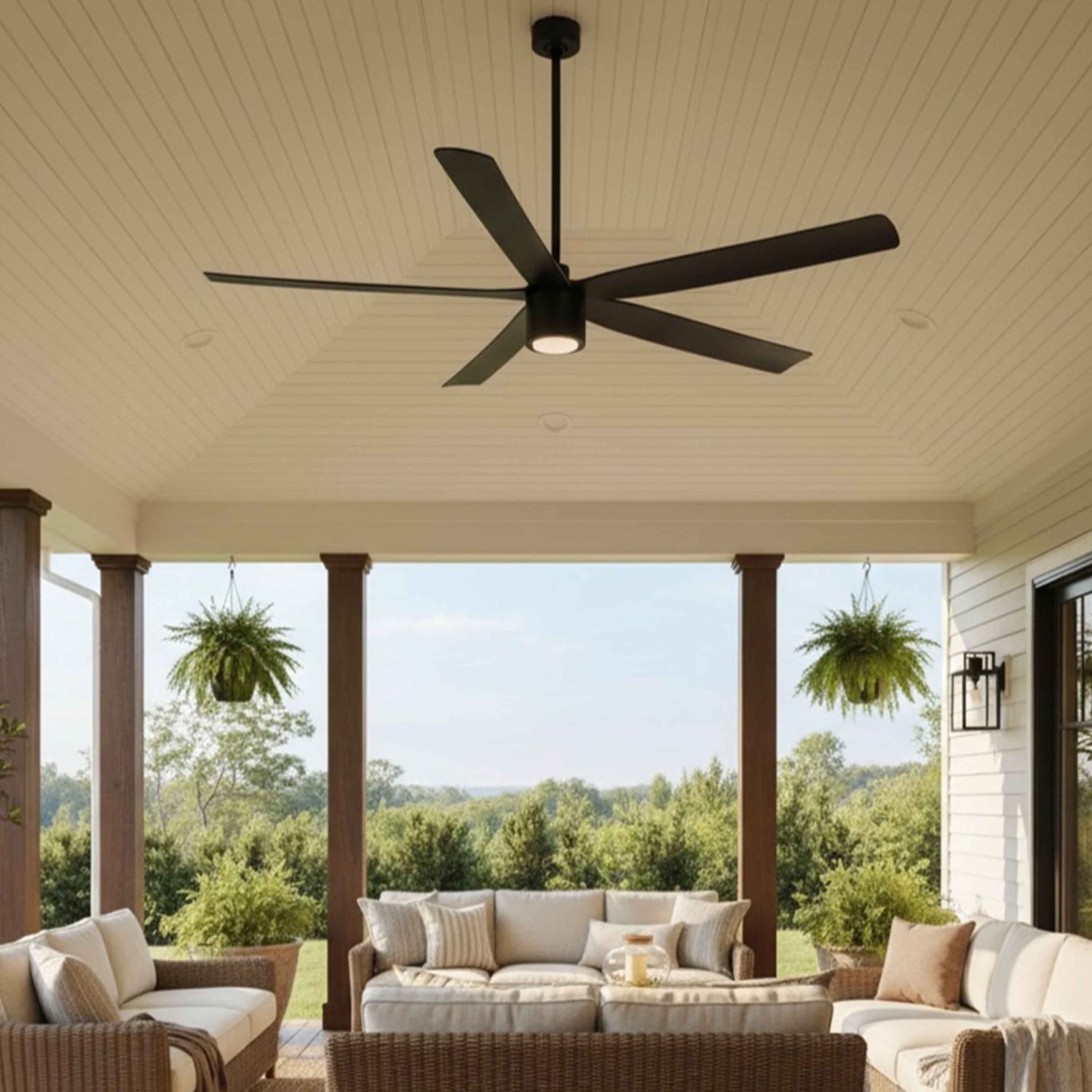 porch featuring RAVIAN® 72" 5-Blade Large Ceiling Fan in matte black