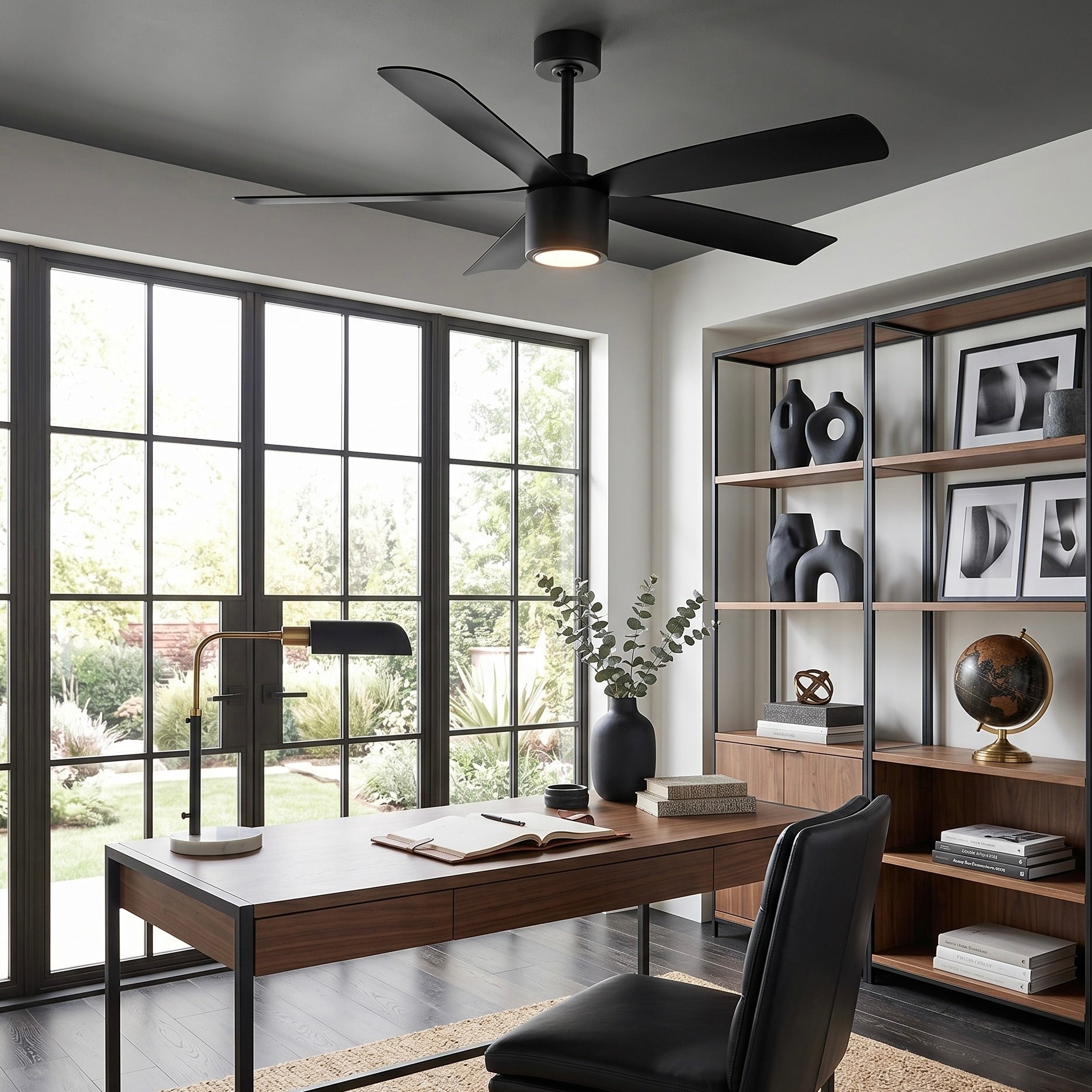 modern office featuring RAVIAN® 52" 5-Blade Ceiling Fan in matte black with LED light