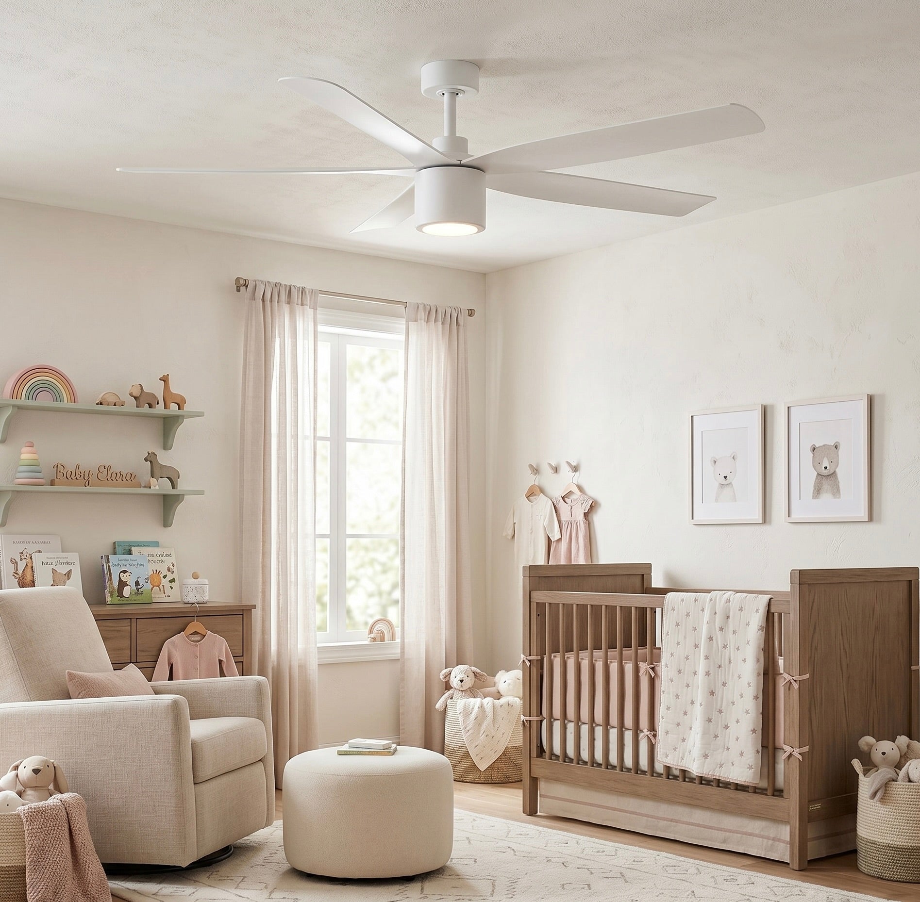 nursery featuring RAVIAN® 52" 5-Blade Ceiling Fan in matte white with LED light
