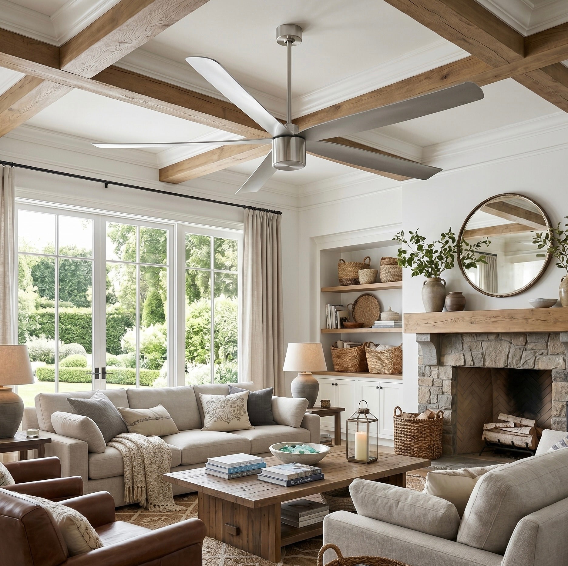 living room featuring RAVIAN® 72" 5-Blade Large Ceiling Fan with no light