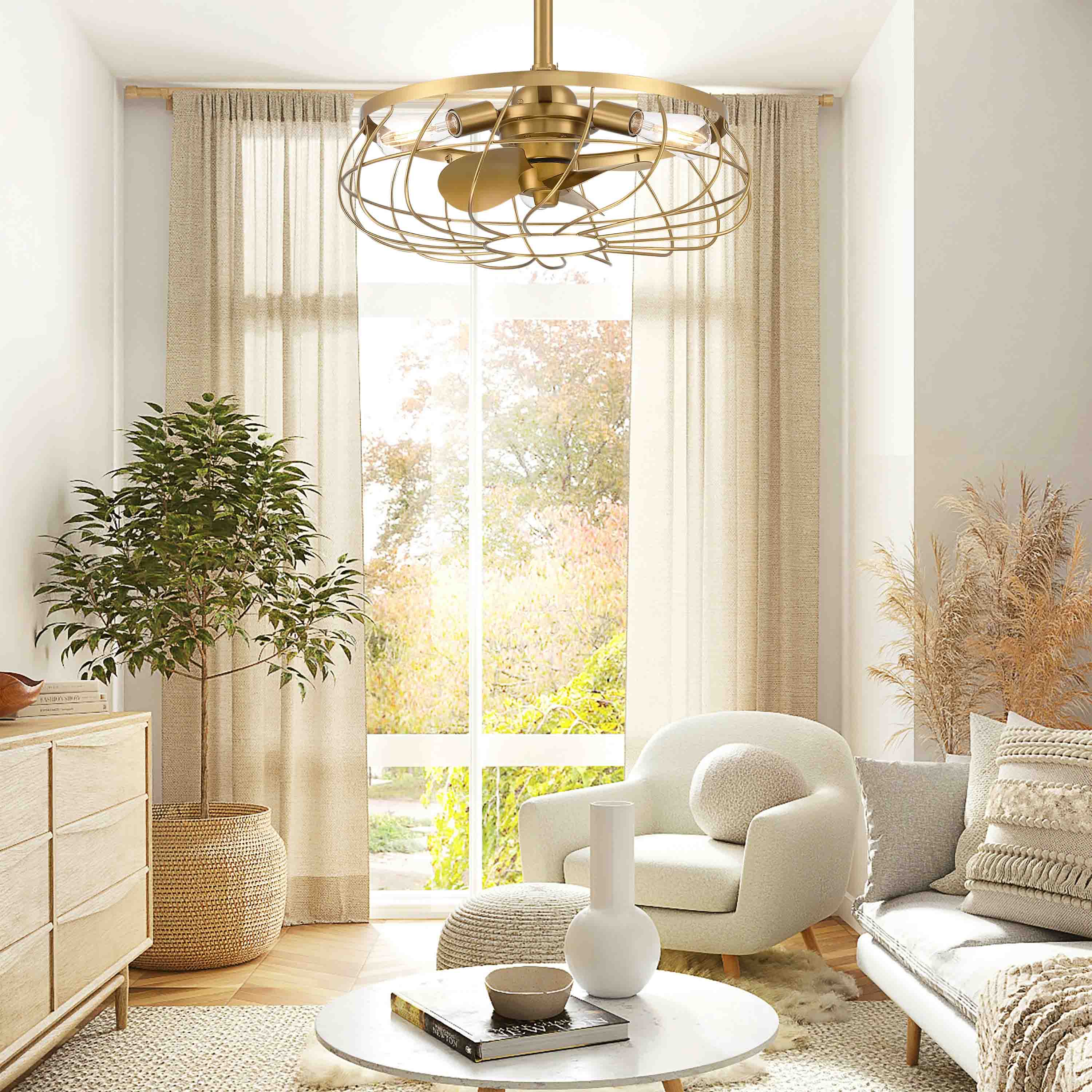 living room featuring Santiago® 22 inch Fandelier, a caged ceiling fan featured in Aged Brass Finish