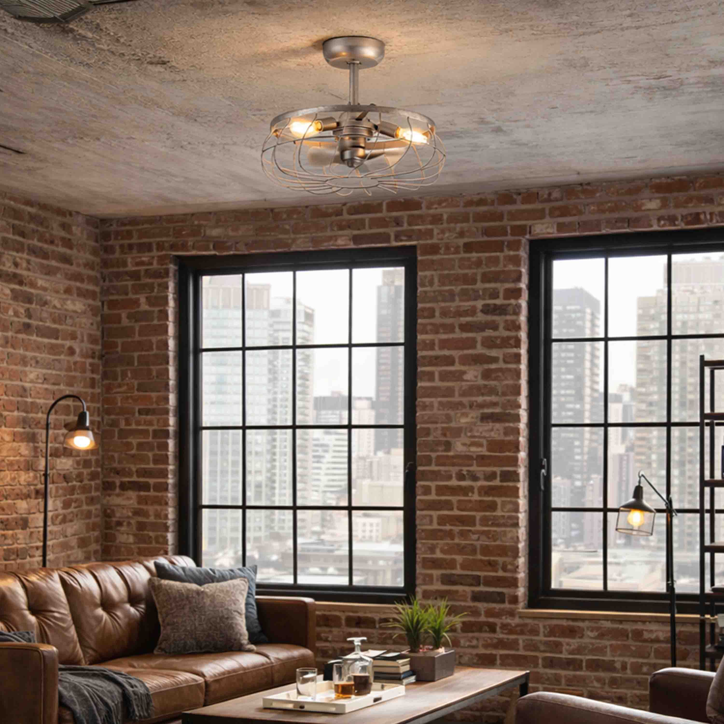 Industrial living room featuring the Santiago® 22 inch Fandelier Caged Ceiling fan in Galvanized Finish