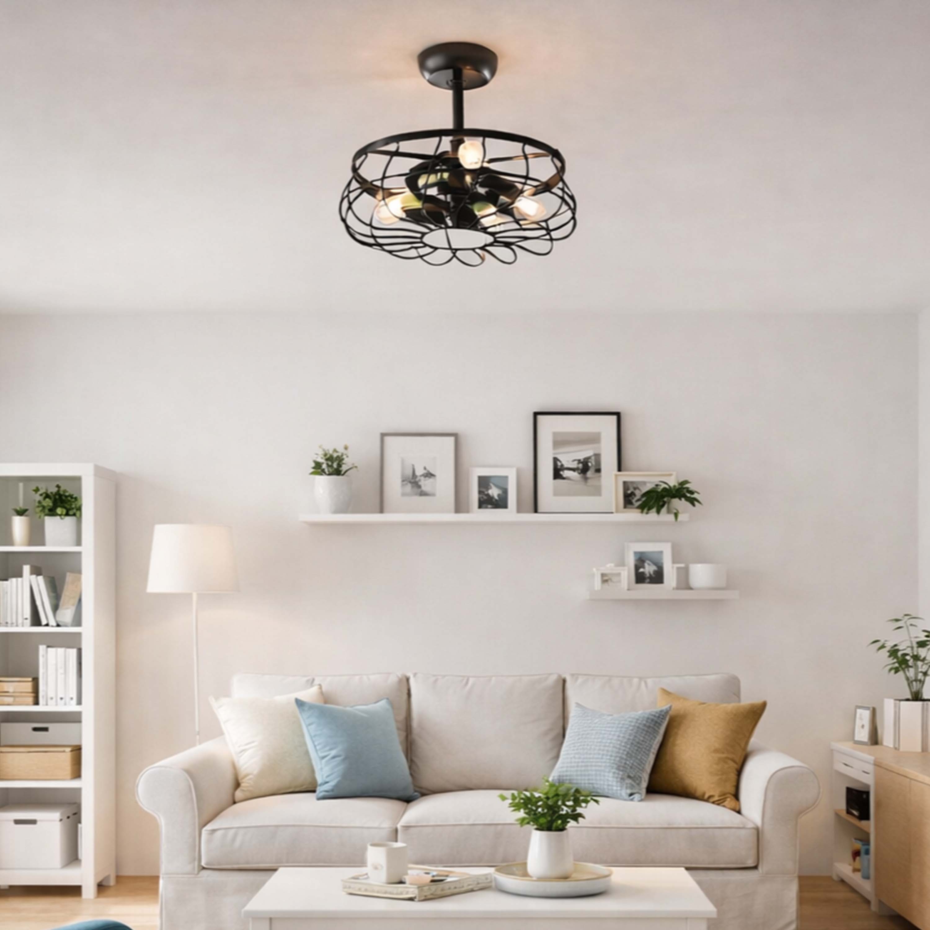 modern living room featuring Santiago® 22 inch Caged Ceiling Fan Fandelier in Matte Black Finish