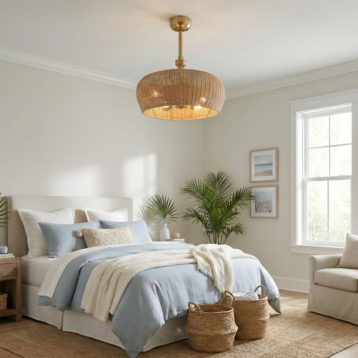 MARIBEL® Fandelier- 22" Rattan Shade Ceiling Fan- Aged Brass