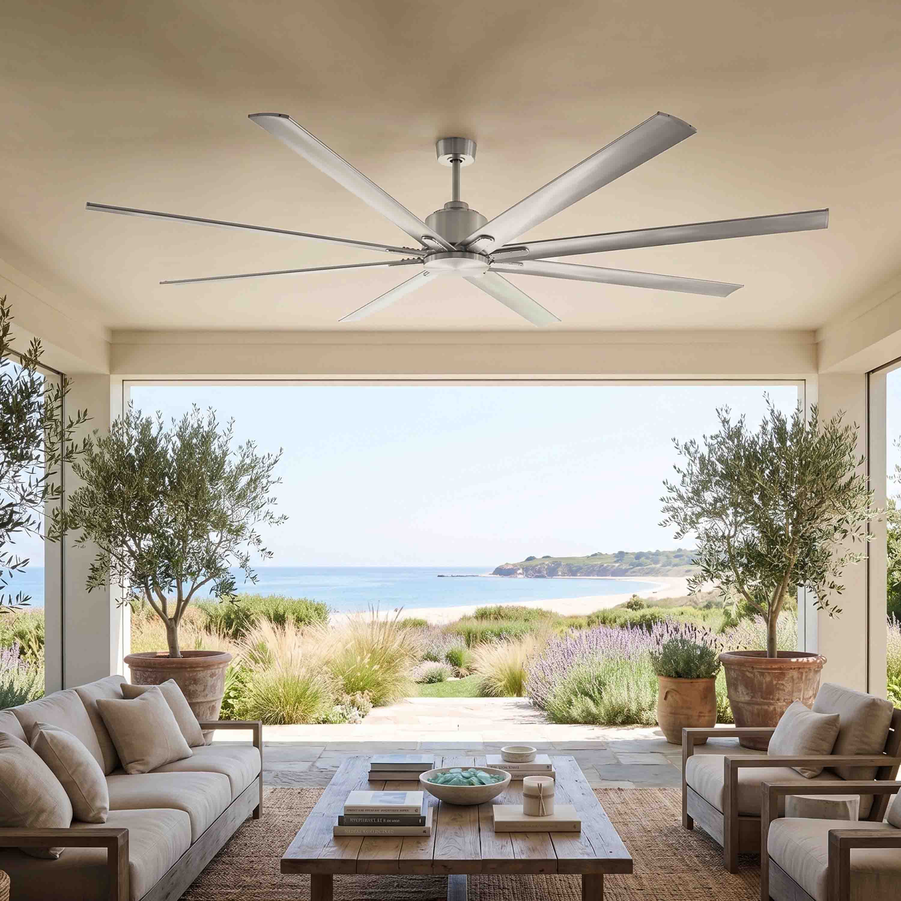 ORCA H₂O® 100" Ceiling Fan Brushed Nickel without Light — Wide Room Scale View