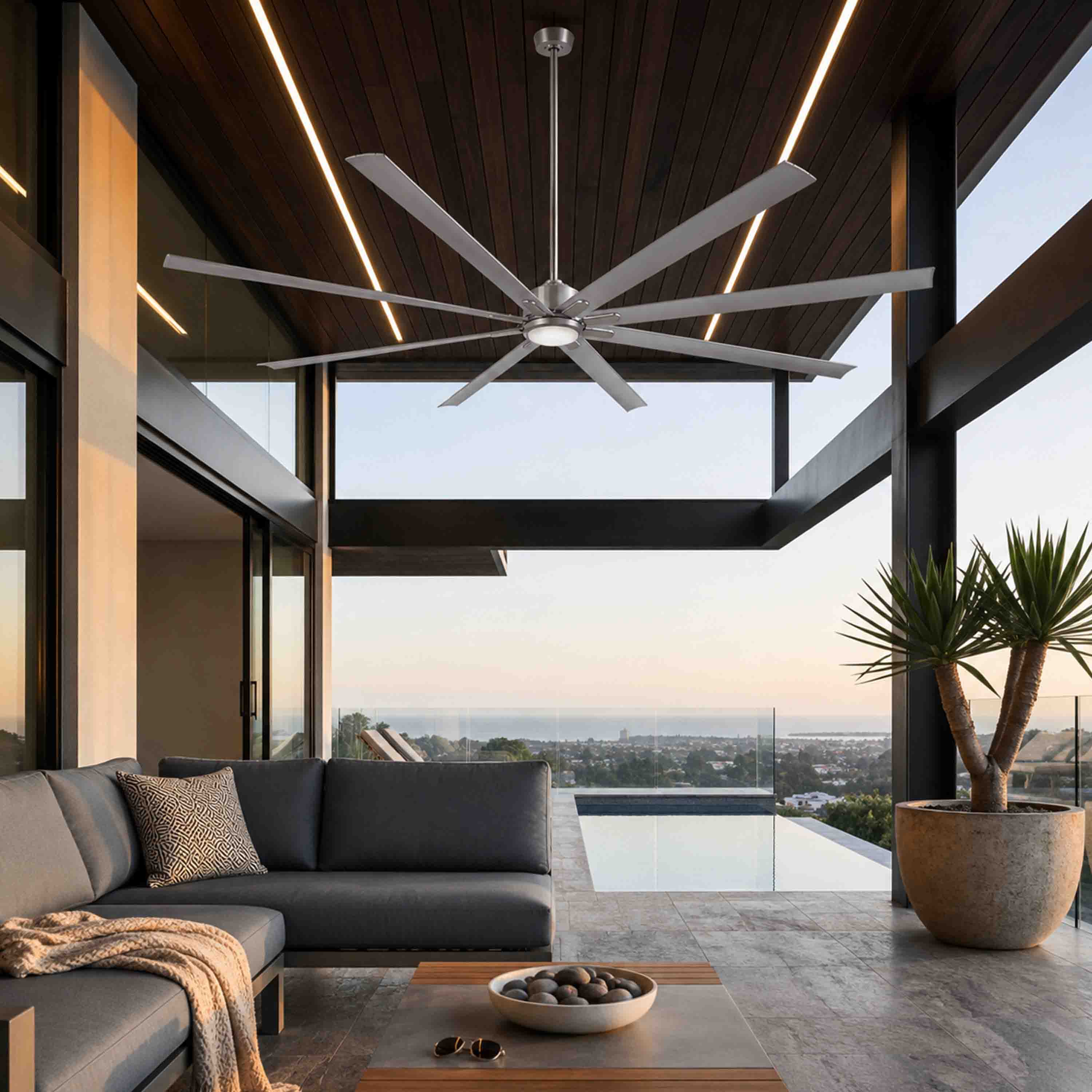 ORCA H₂O® 100" Ceiling Fan Brushed Nickel with Light — Wide Room Scale View
