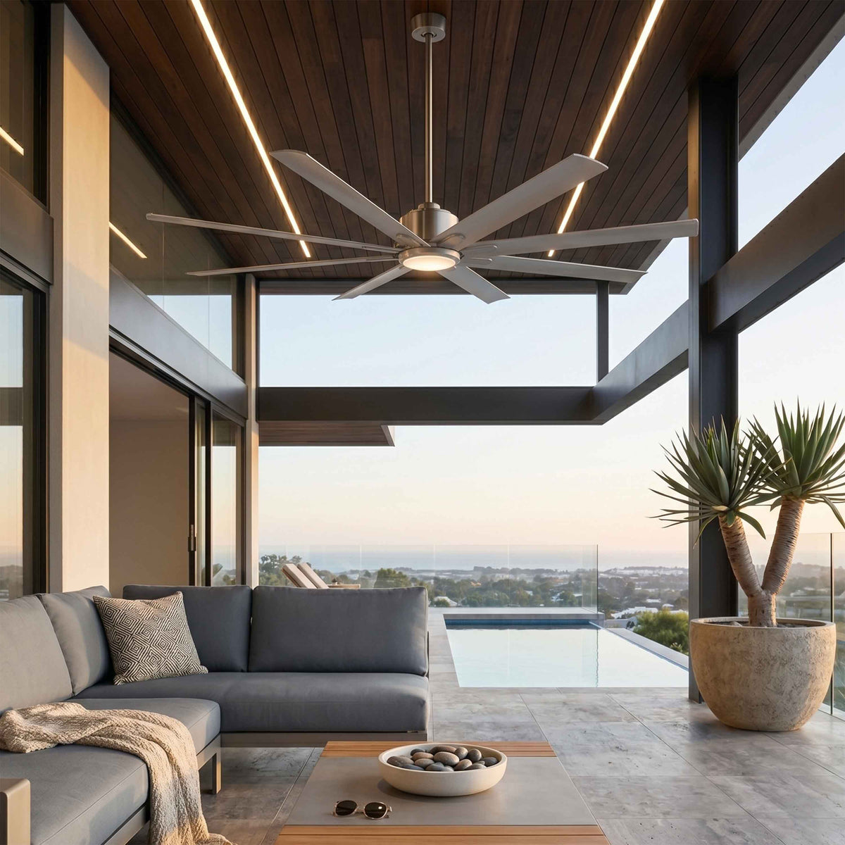 ORCA H₂O® 80" Ceiling Fan Brushed Nickel with Light — Wide Room Scale View