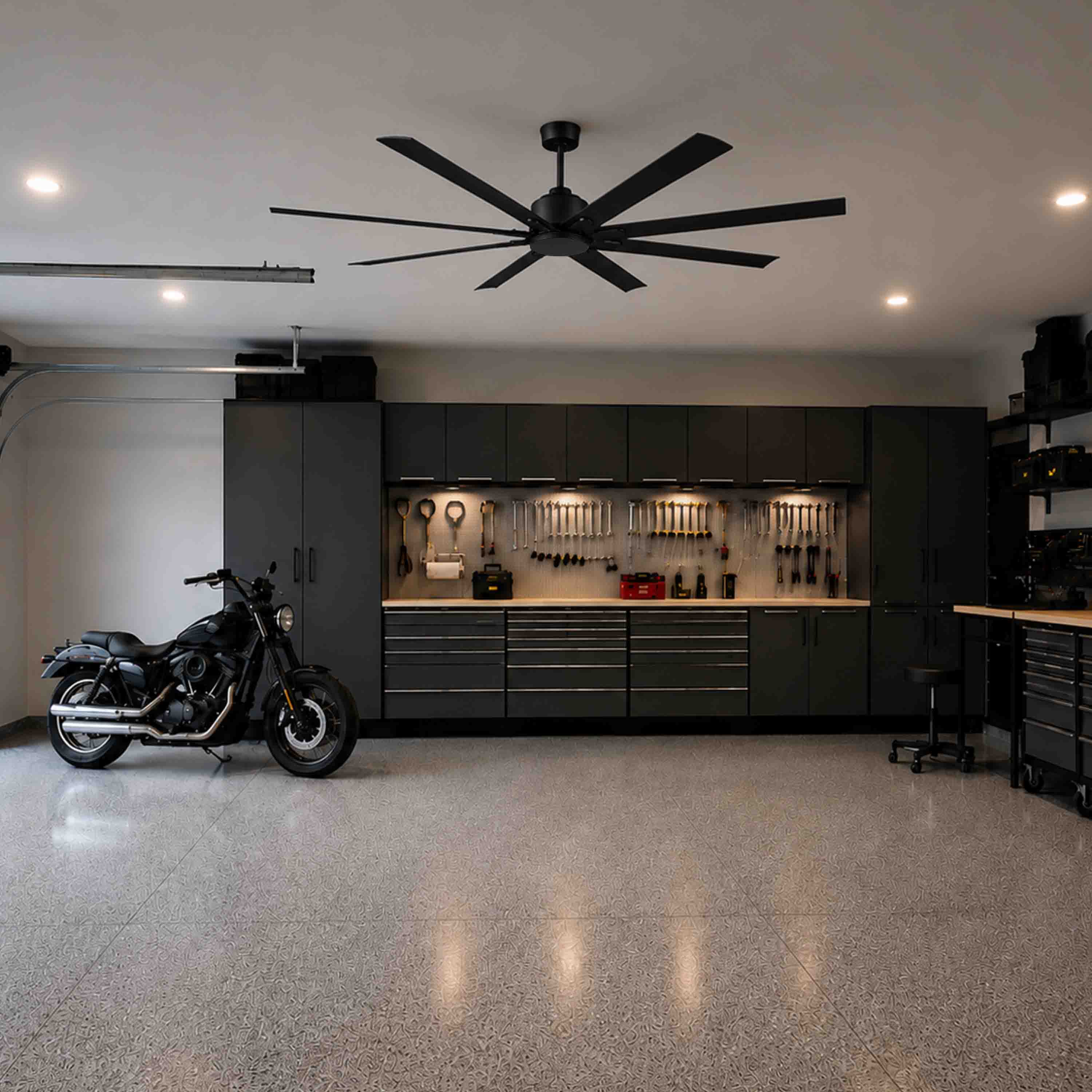 ORCA H₂O® 100" Ceiling Fan Matte Black without Light — Wide Room Scale View