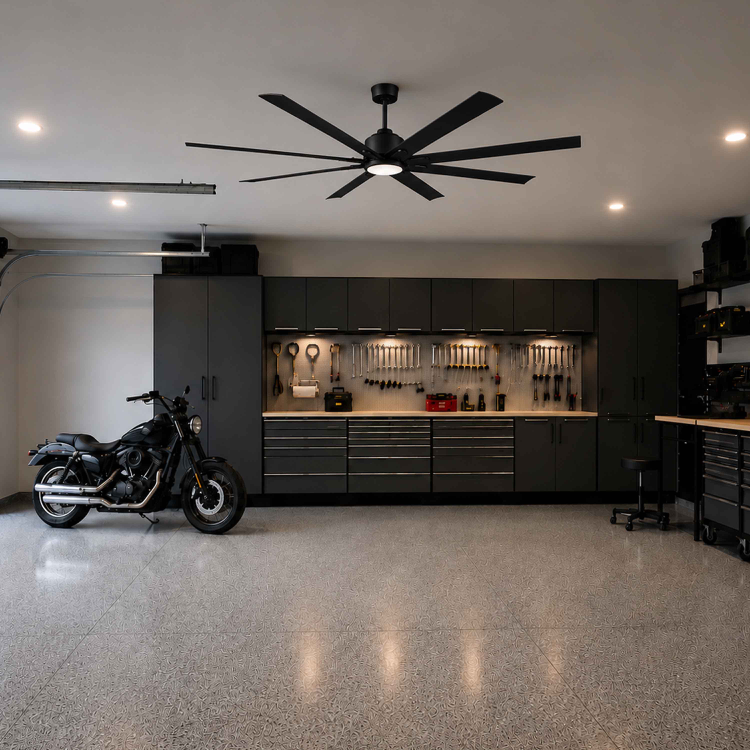 ORCA H₂O® 100" Ceiling Fan Matte Black without Light — Wide Room Scale View