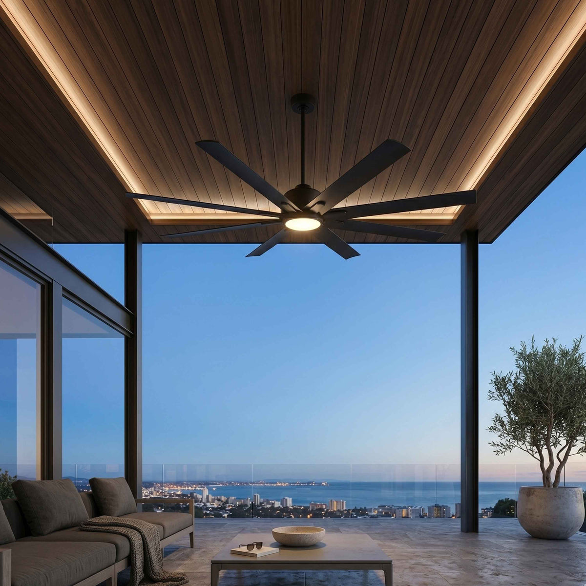 ORCA H₂O® 80" Ceiling Fan Matte Black with Light — Wide Room Scale View