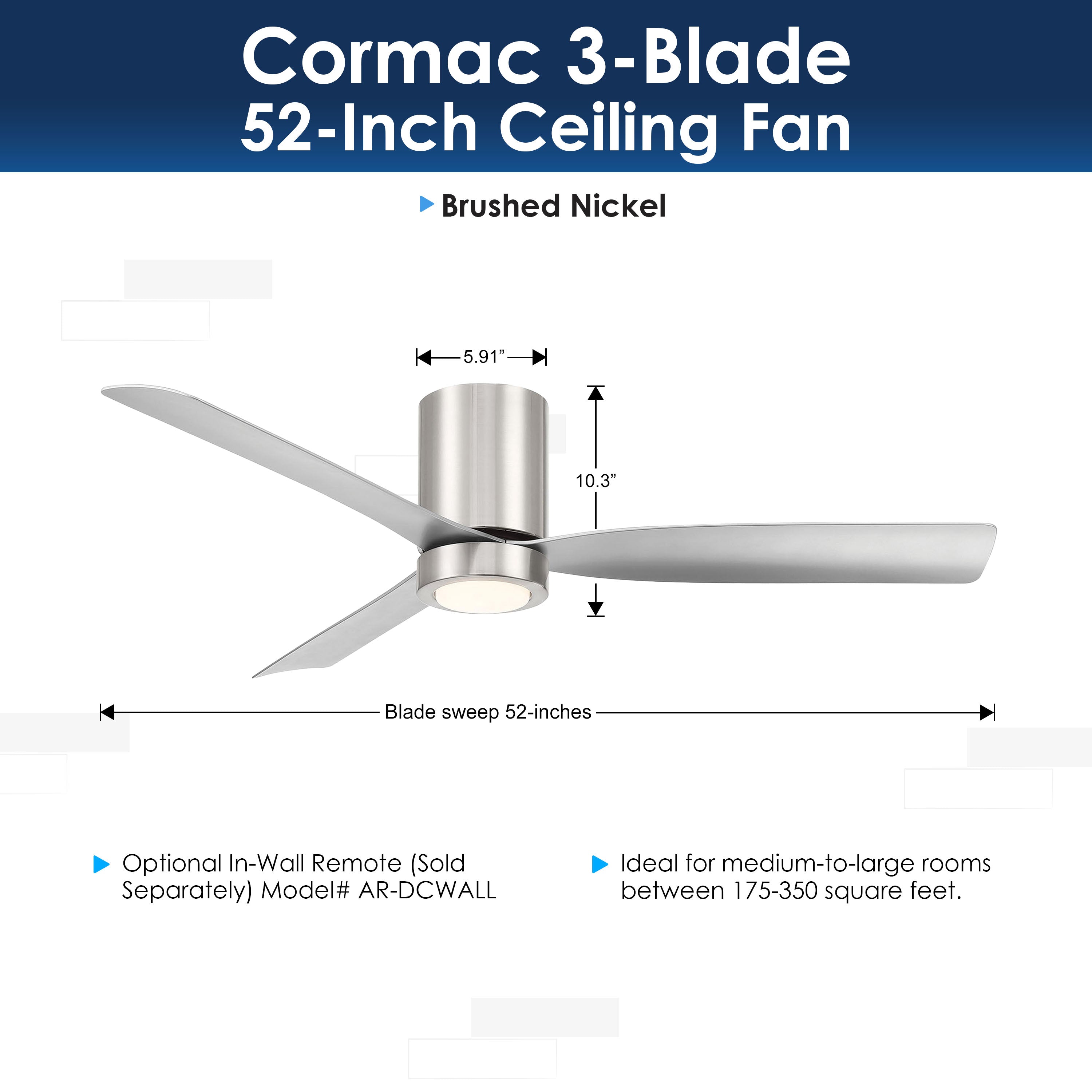 Cormac 3-blade ceiling fan with dimensions and features on a white background
