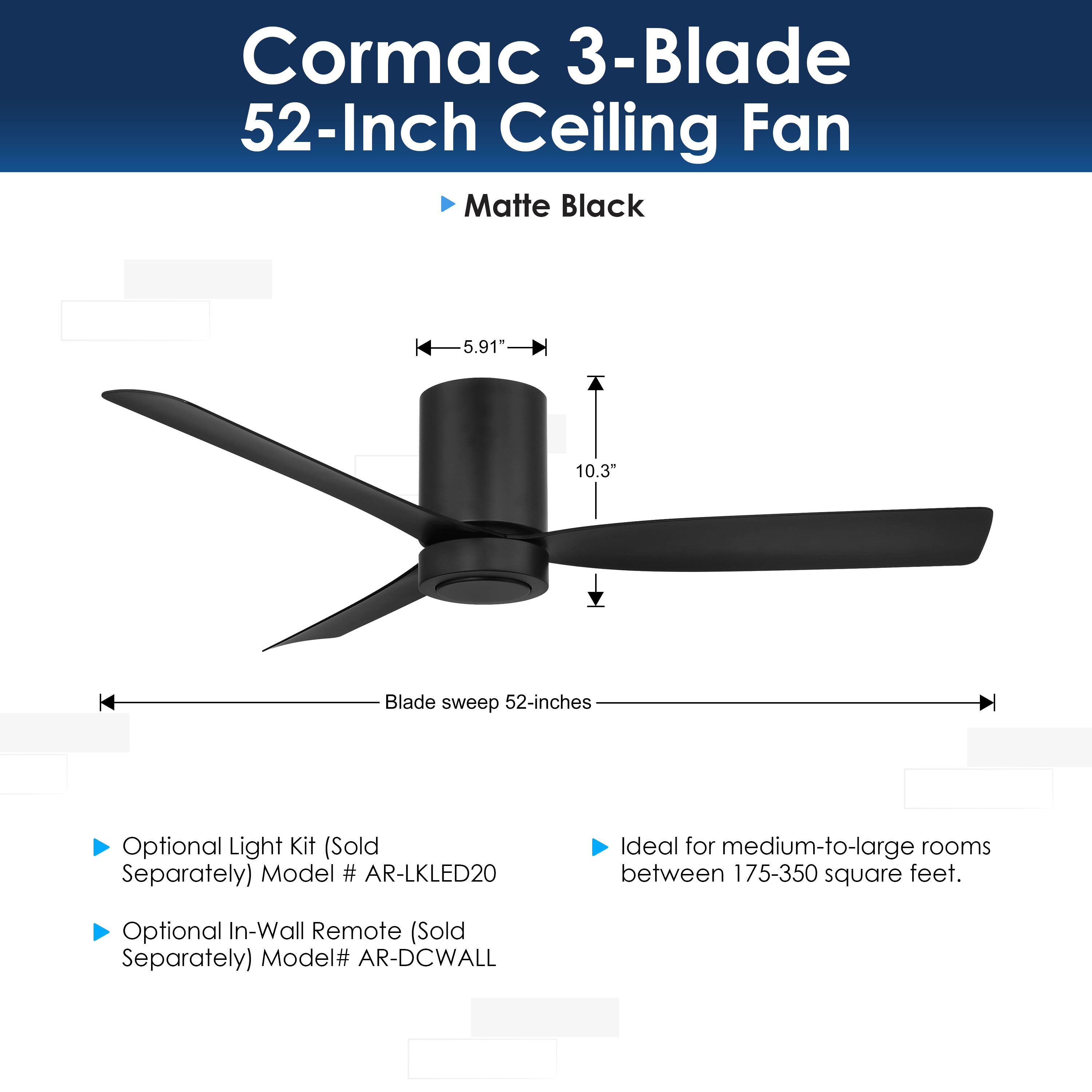 Cormac 3-blade ceiling fan with dimensions and features on a white background
