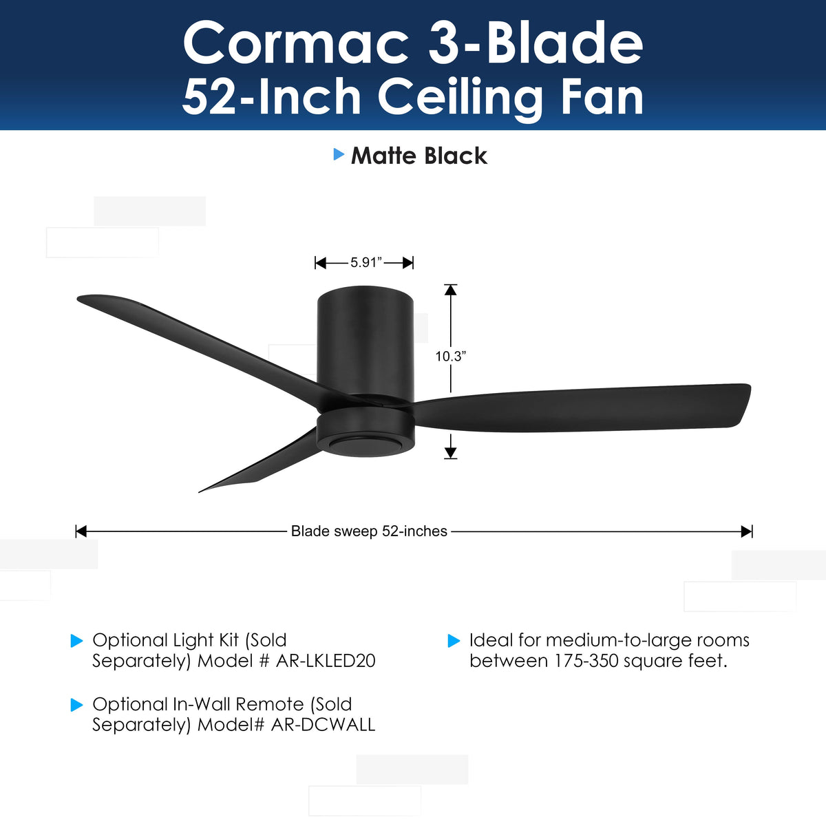 Cormac 3-blade ceiling fan with dimensions and features on a white background