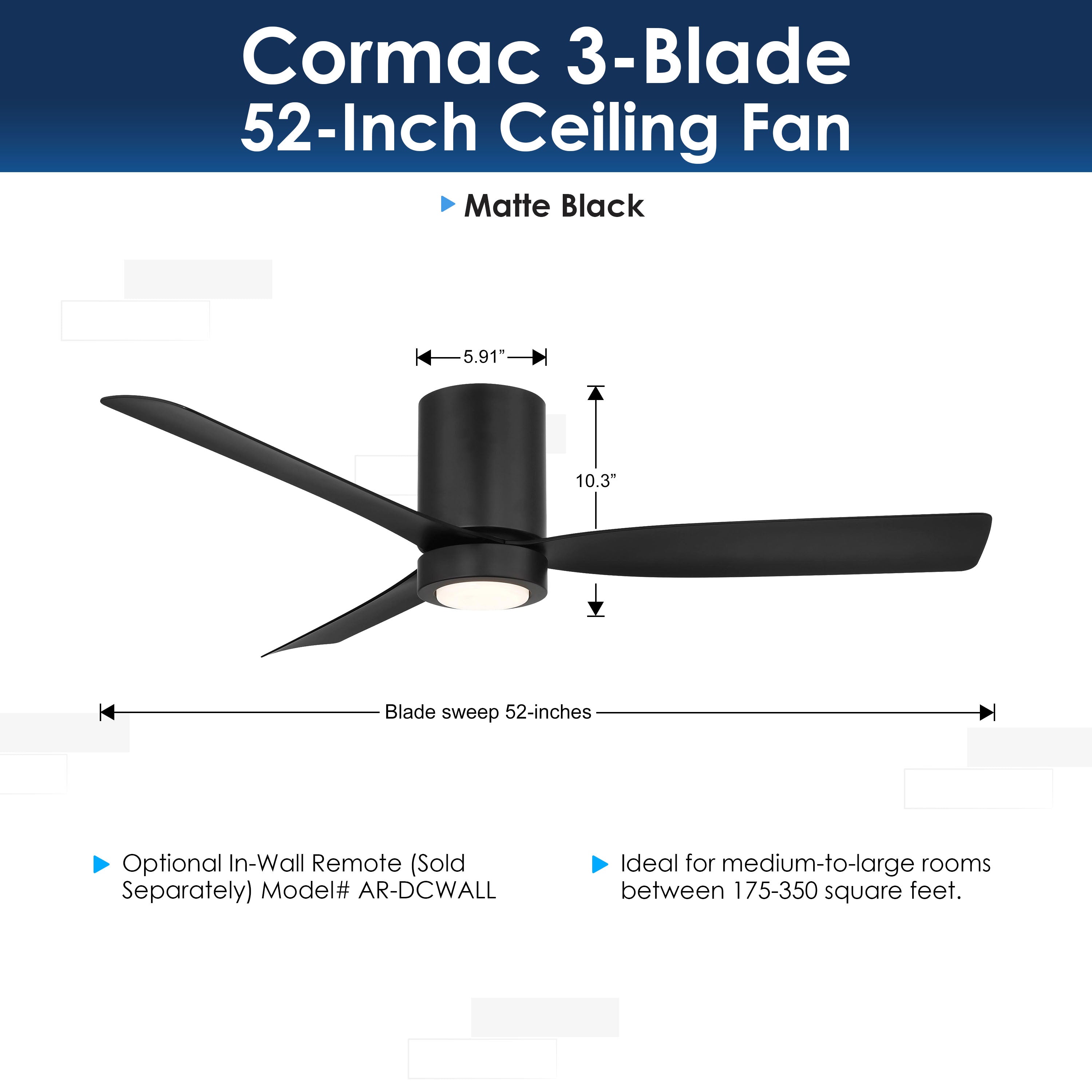 Cormac 3-blade ceiling fan with dimensions and features on a white background