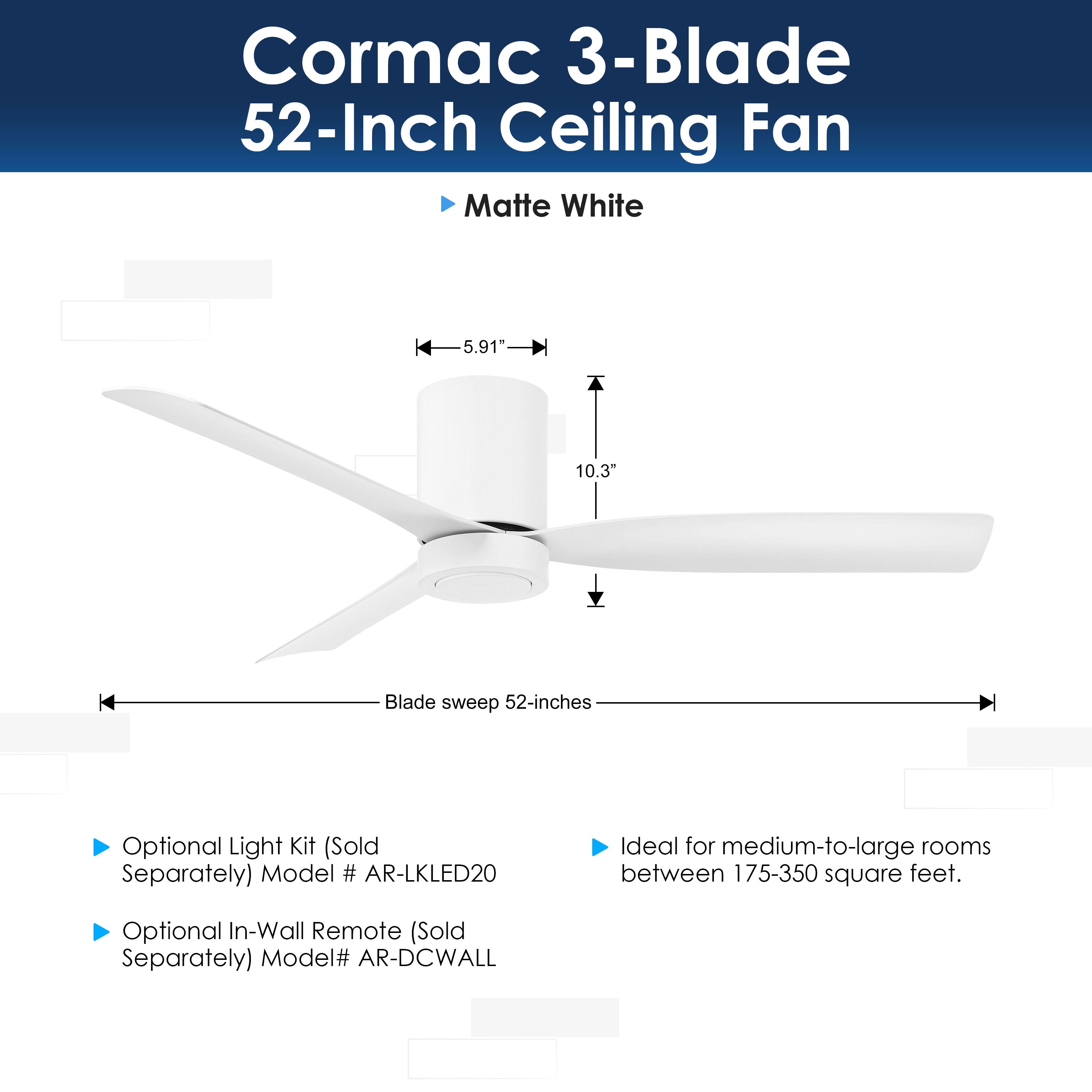 Cormac 3-blade ceiling fan with dimensions and features on a white background