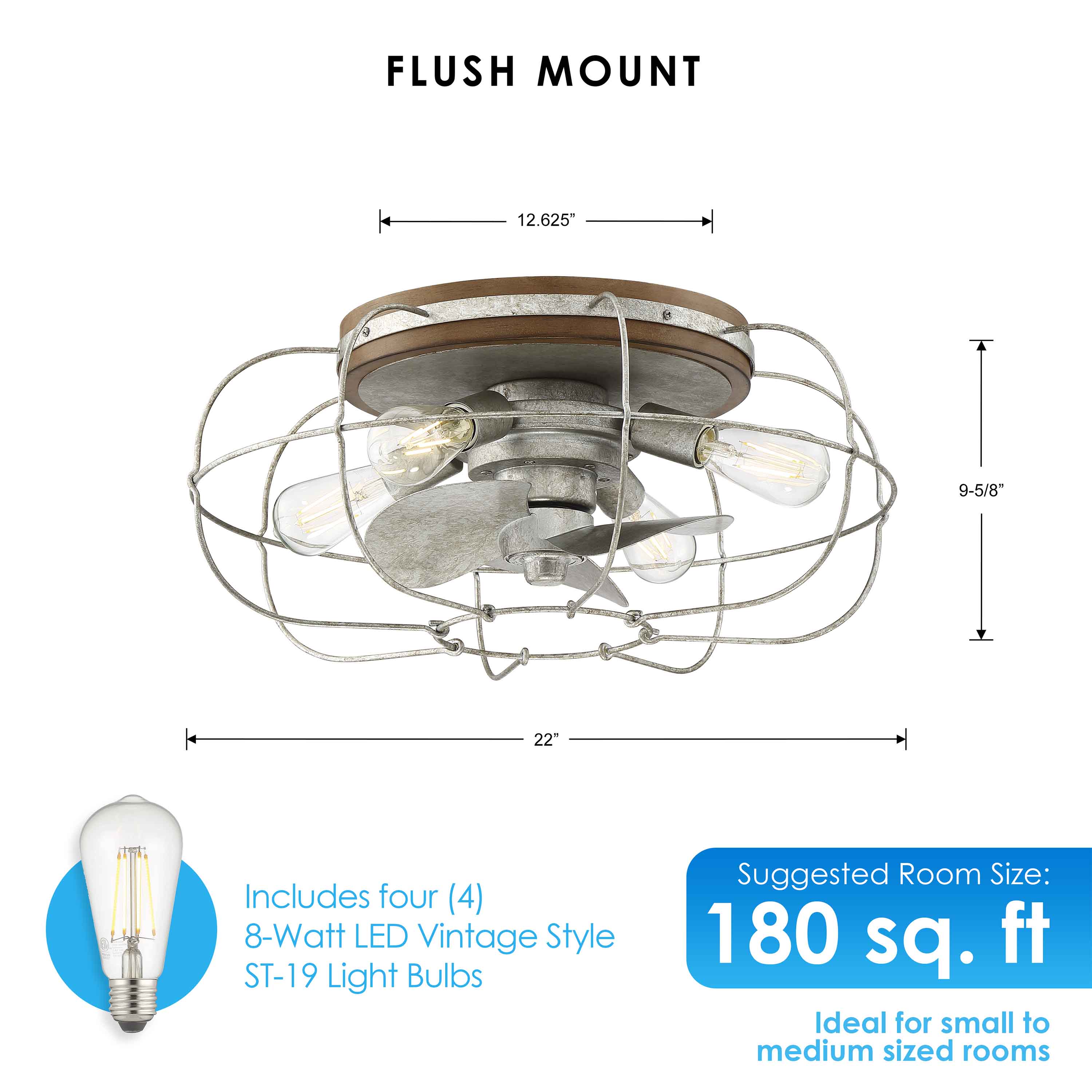 Product dimensions of JAXON® 22" Flush Mount Caged Ceiling Fan in the Galvanized Finish