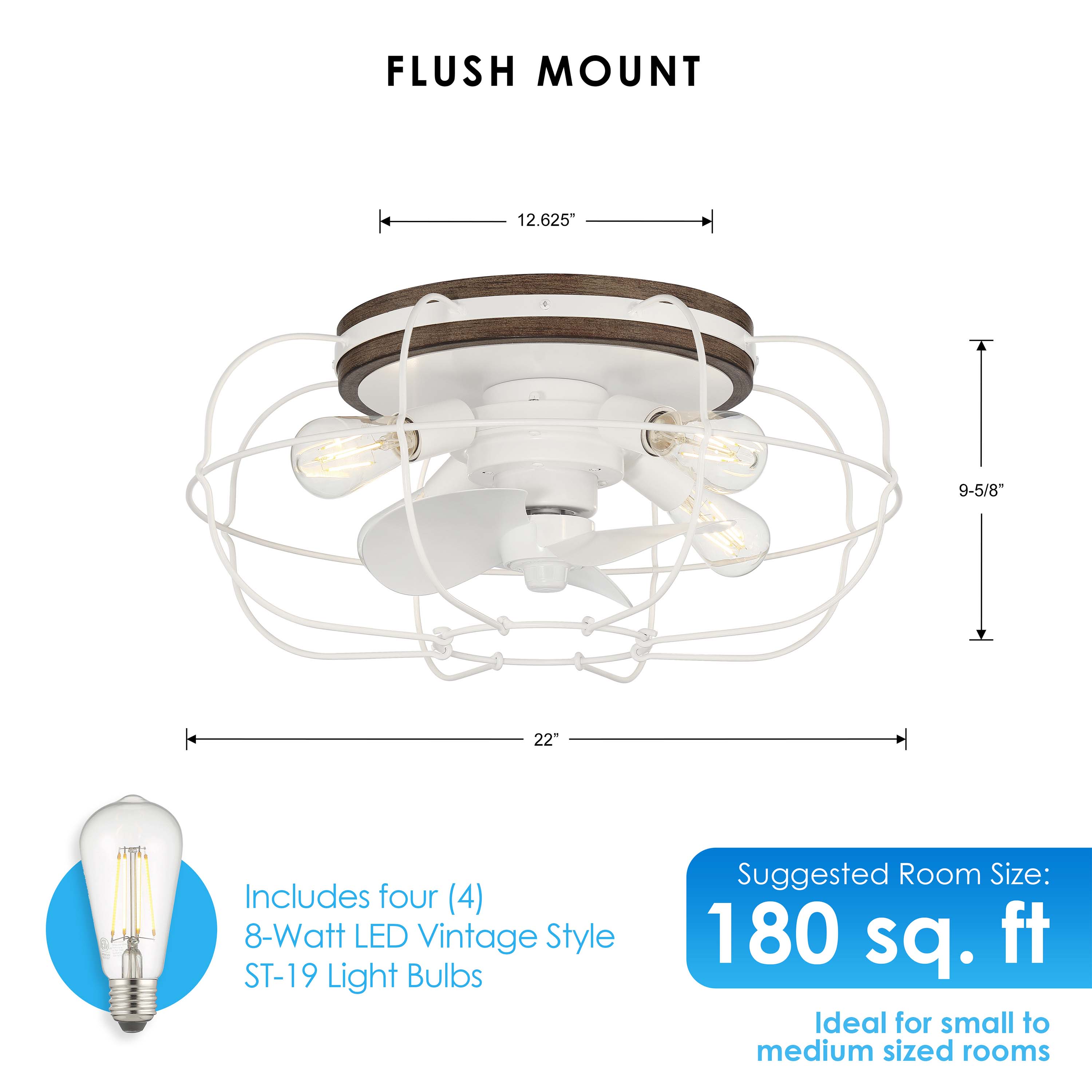 dimensions of JAXON® 22" Flush Mount Caged Ceiling Fan in Matte White Finish