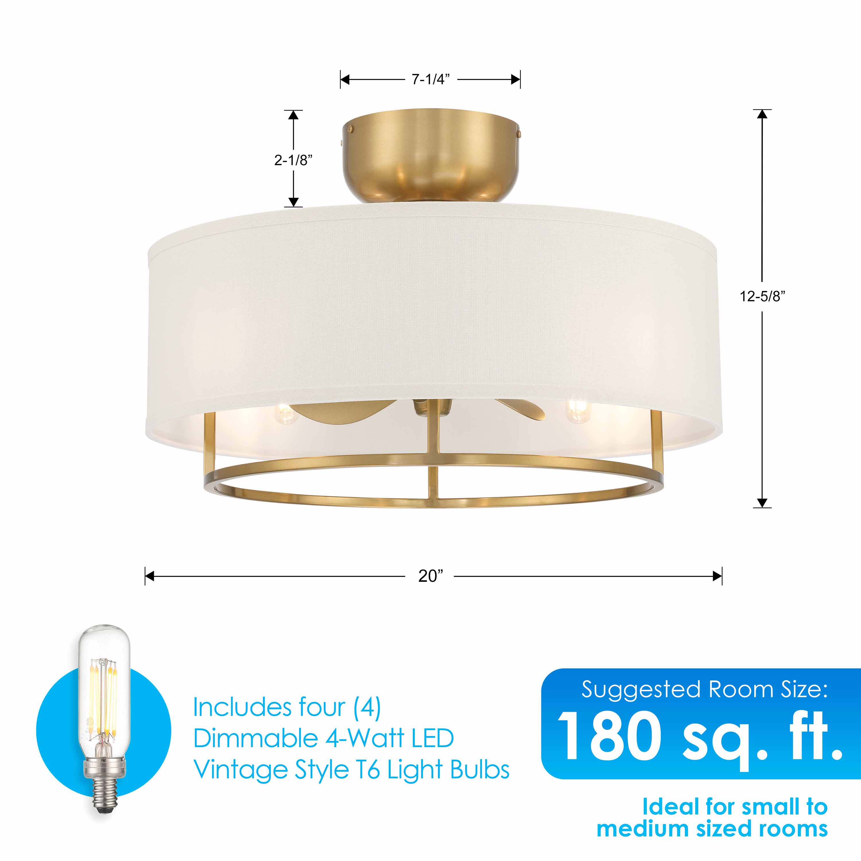 Dimensions of semi-flush mount KAITI™ Fandelier 20" Drum Shade Ceiling Fan in Aged Brass