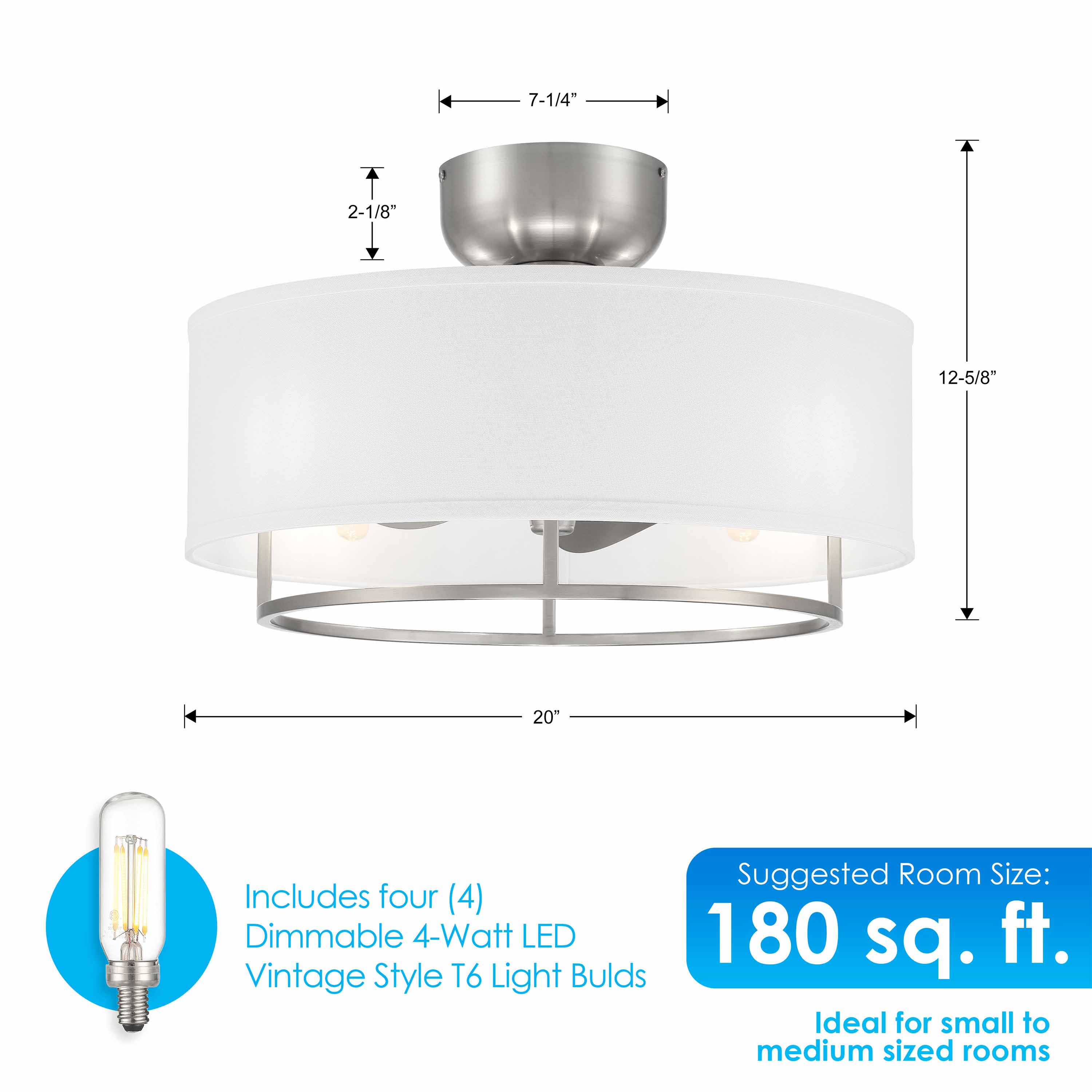 dimensions of flush mount KAITI™ Fandelier- 20"Drum Shade Ceiling Fan in Brushed Nickel finish