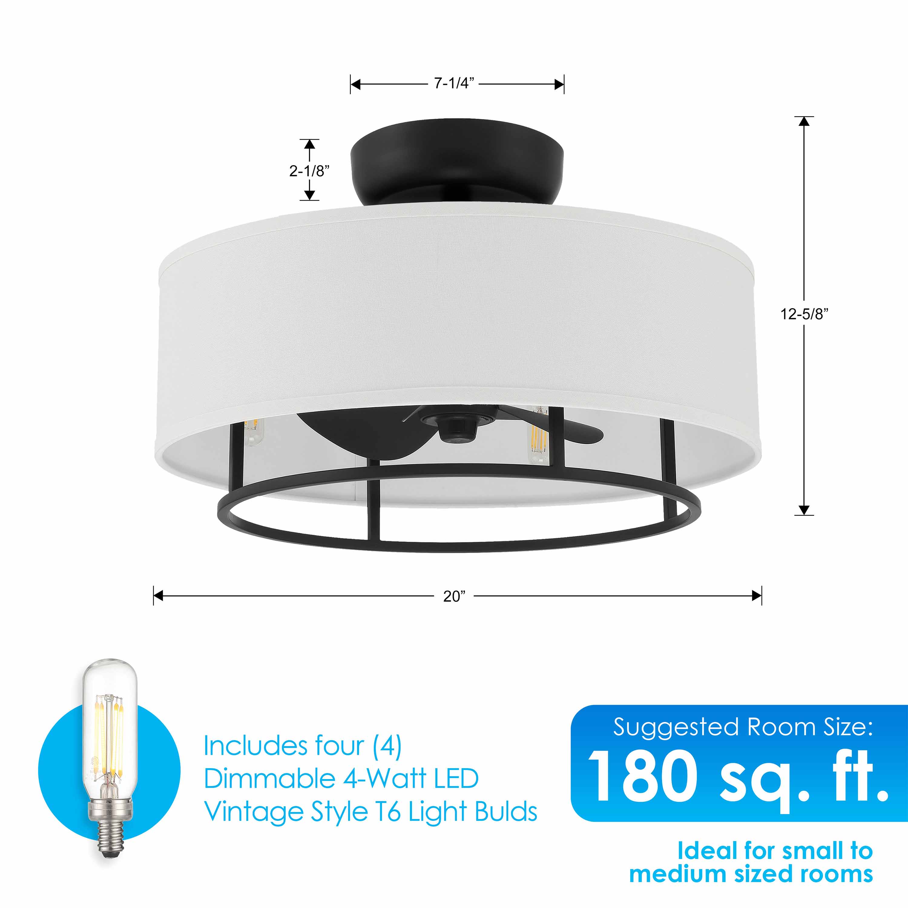 Dimensions of semi-flush mount KAITI™ Fandelier - 20" Drum Shade Ceiling Fan in Matte Black Finish