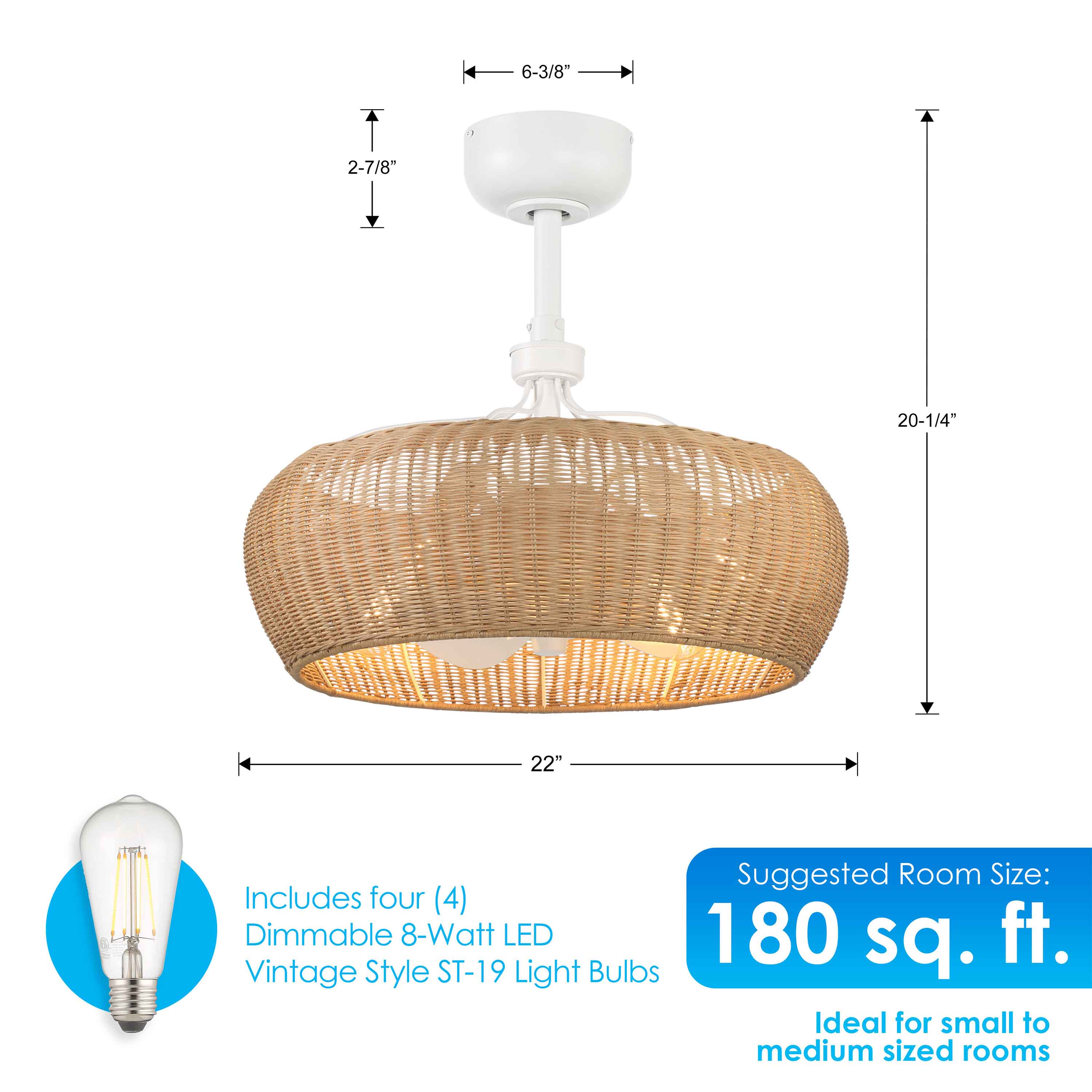 dimensions of MARIBEL® Fandelier- 22" Rattan Shade Ceiling Fan- Matte White with natural shade