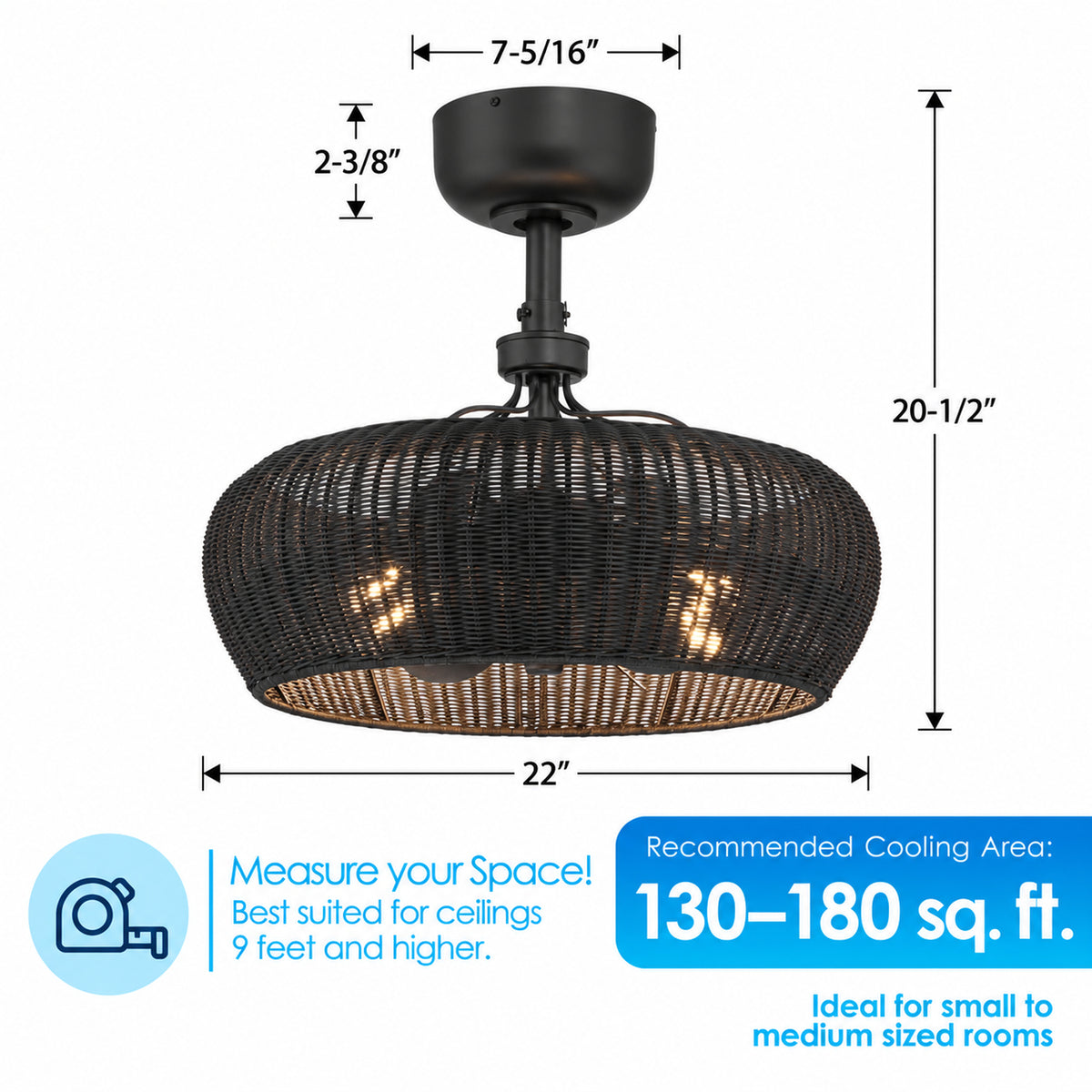 MARIBEL® Fandelier- 22" Rattan Shade Ceiling Fan- Matte Black
