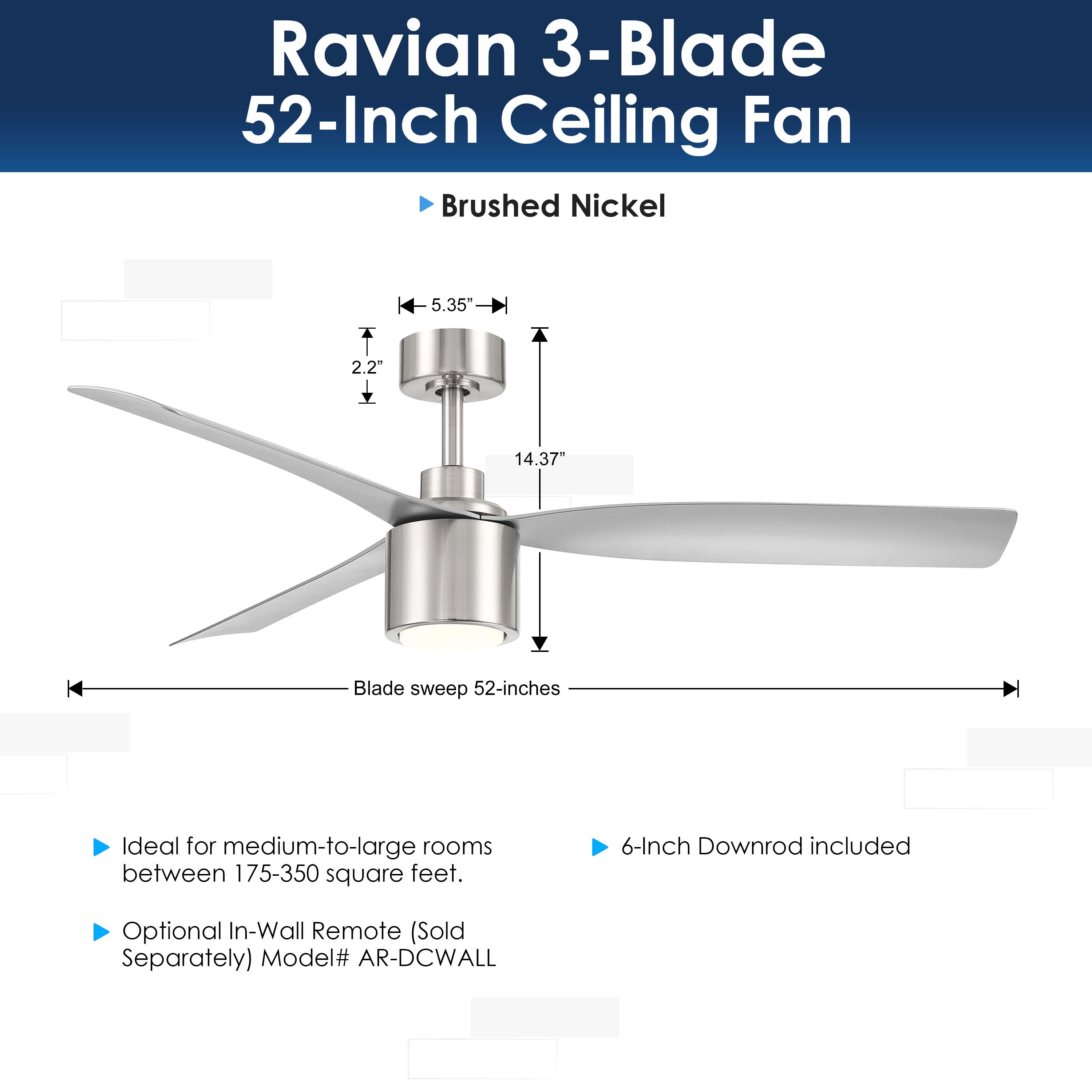 Ravian 3-blade ceiling fan with dimensions and features on a white background