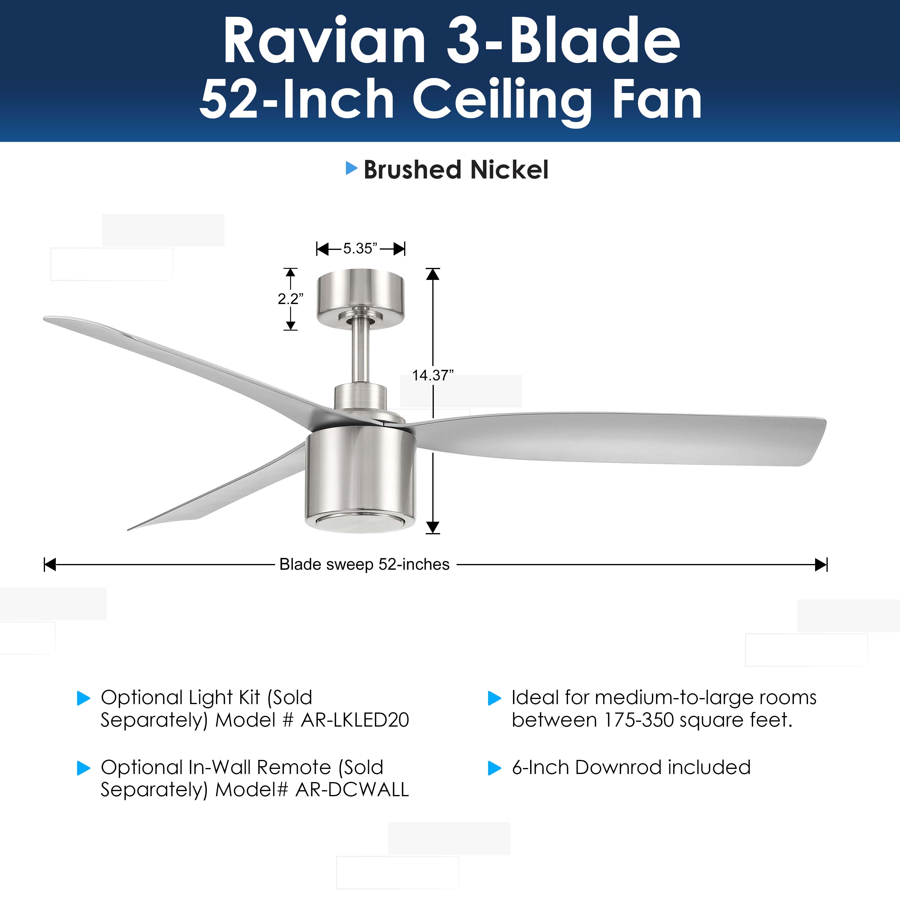 Ravian 3-blade ceiling fan with dimensions and features on a white background