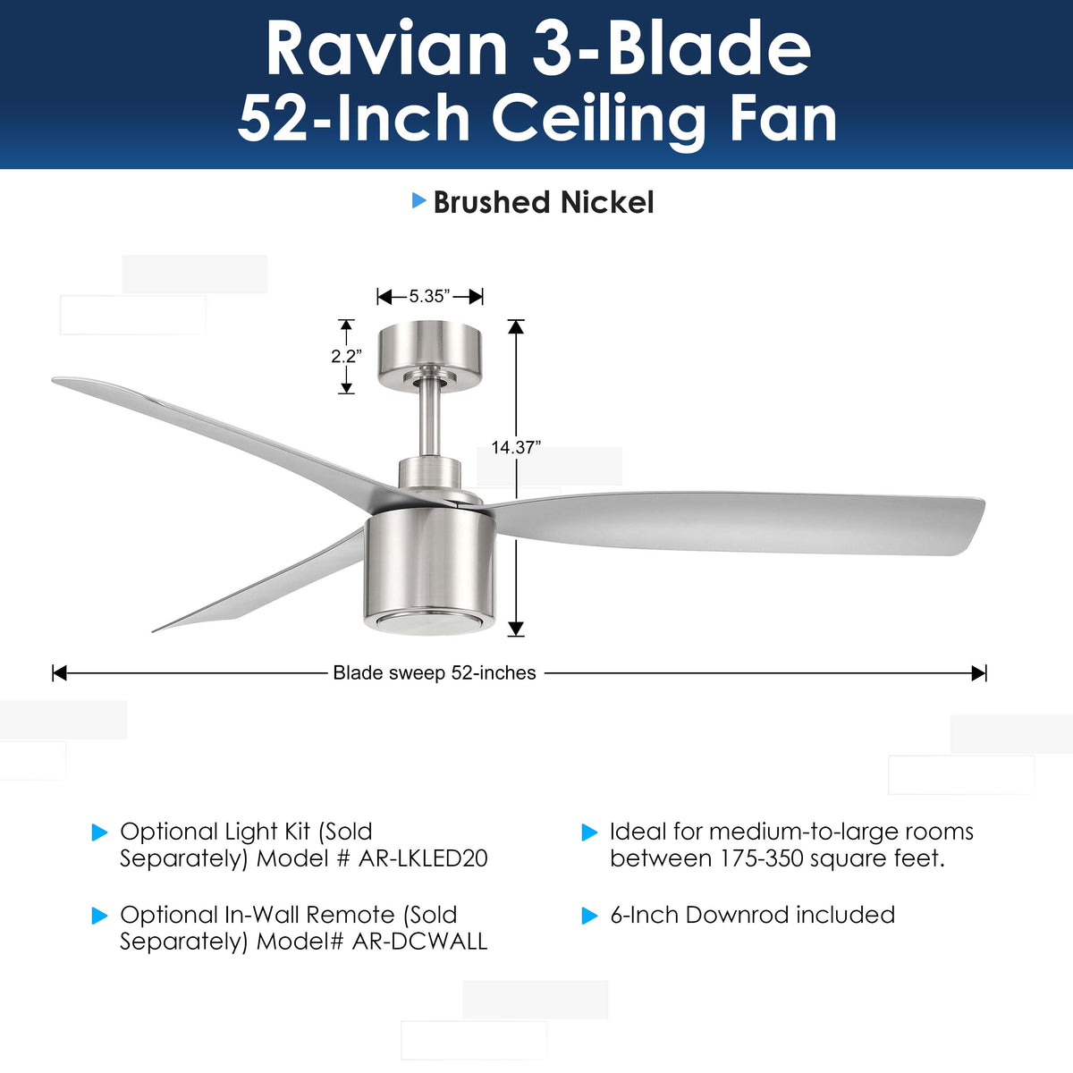 Ravian 3-blade ceiling fan with dimensions and features on a white background