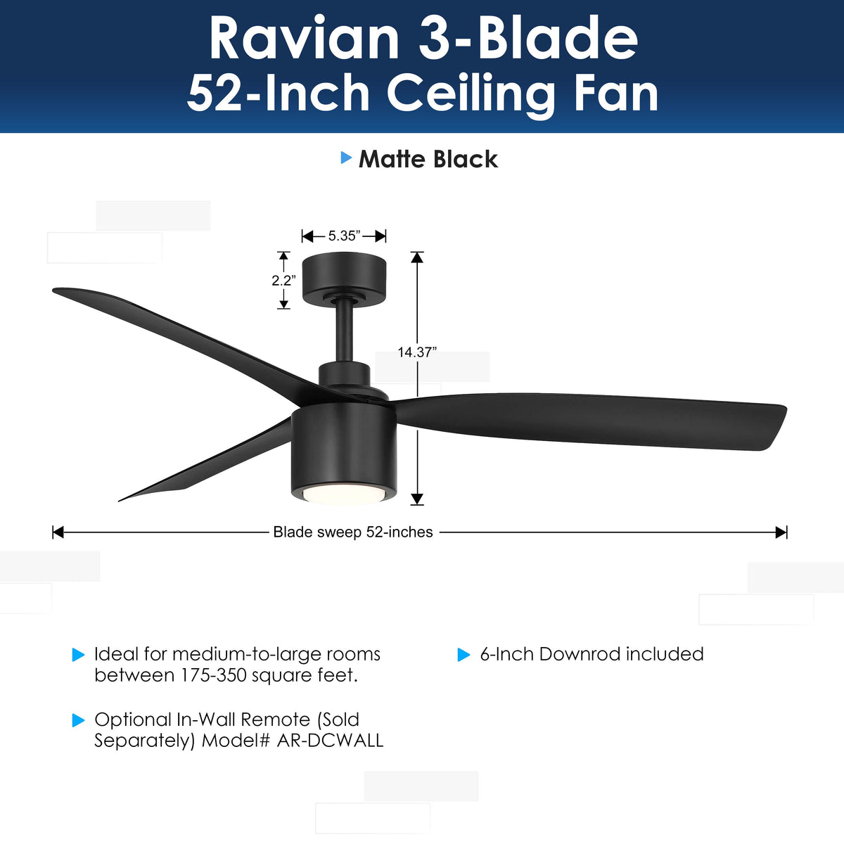 dimensions of RAVIAN® 52" 3-Blade Ceiling Fan with light