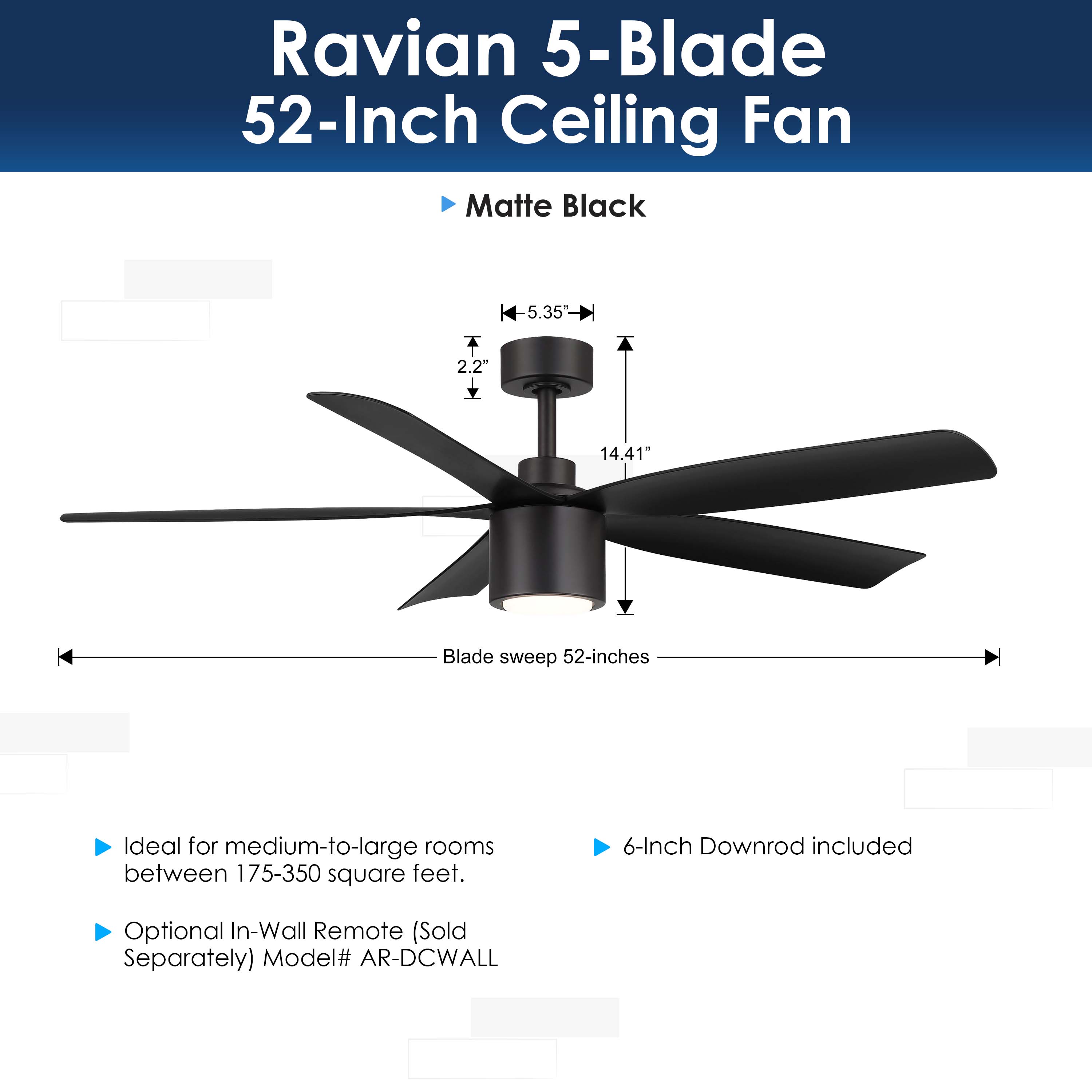 dimensions of RAVIAN® 52" 5-Blade Ceiling Fan in matte black with LED light