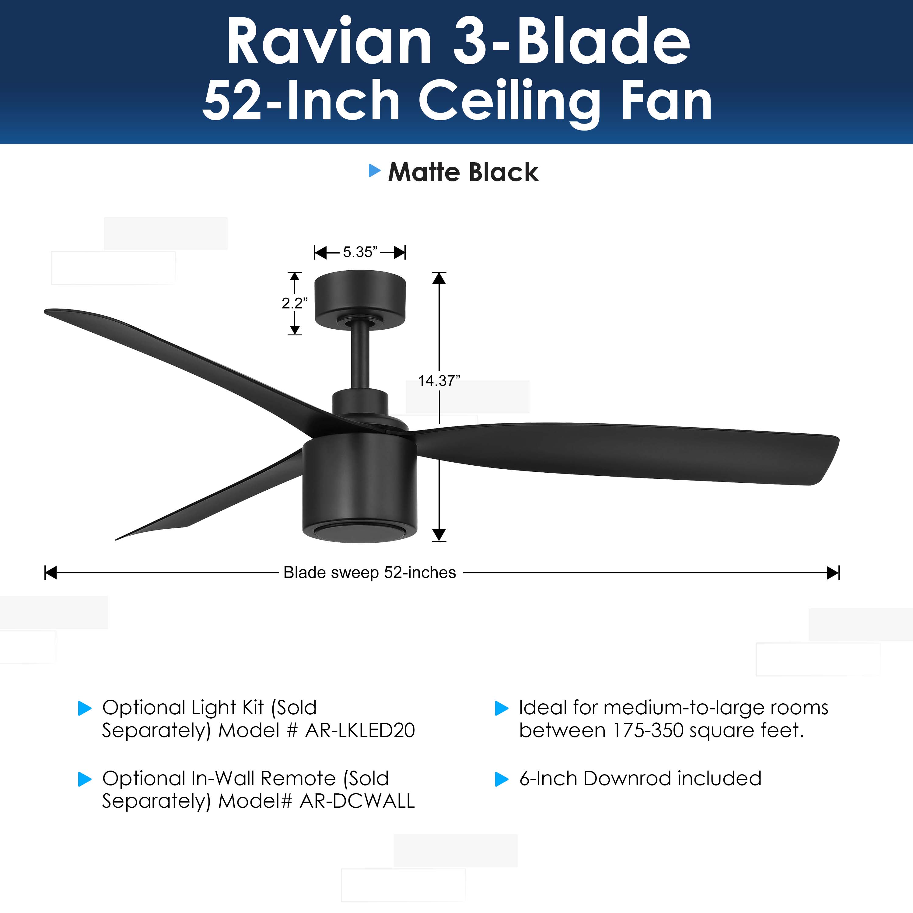 dimensions of RAVIAN® 52" 3-Blade Ceiling Fan