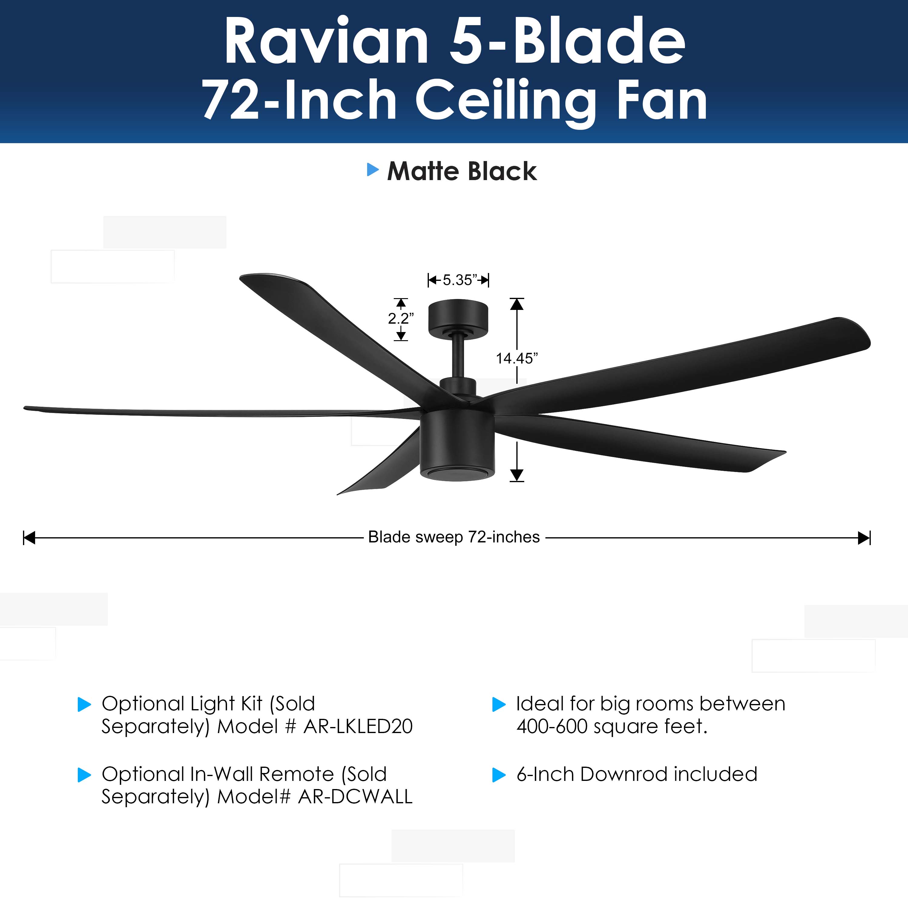 Ravian 5-blade 72-inch ceiling fan with specifications on a white background