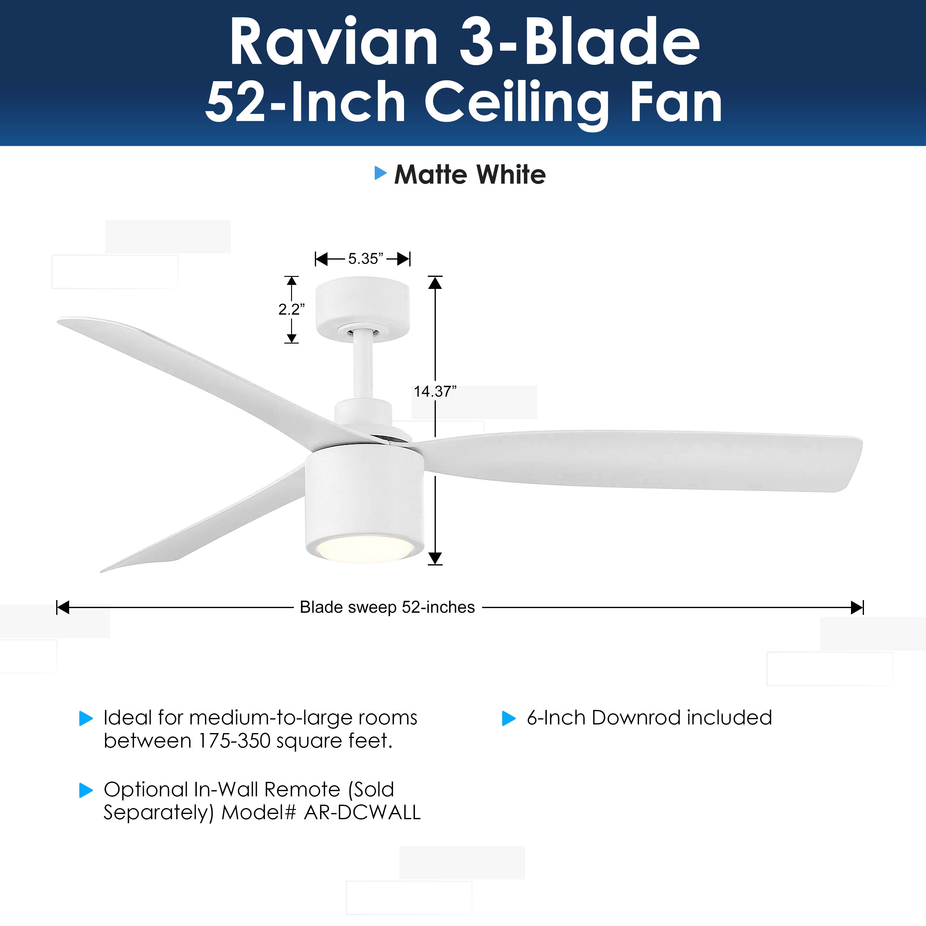 Ravian 3-blade ceiling fan in matte white with LED light with dimensions and features on a white background