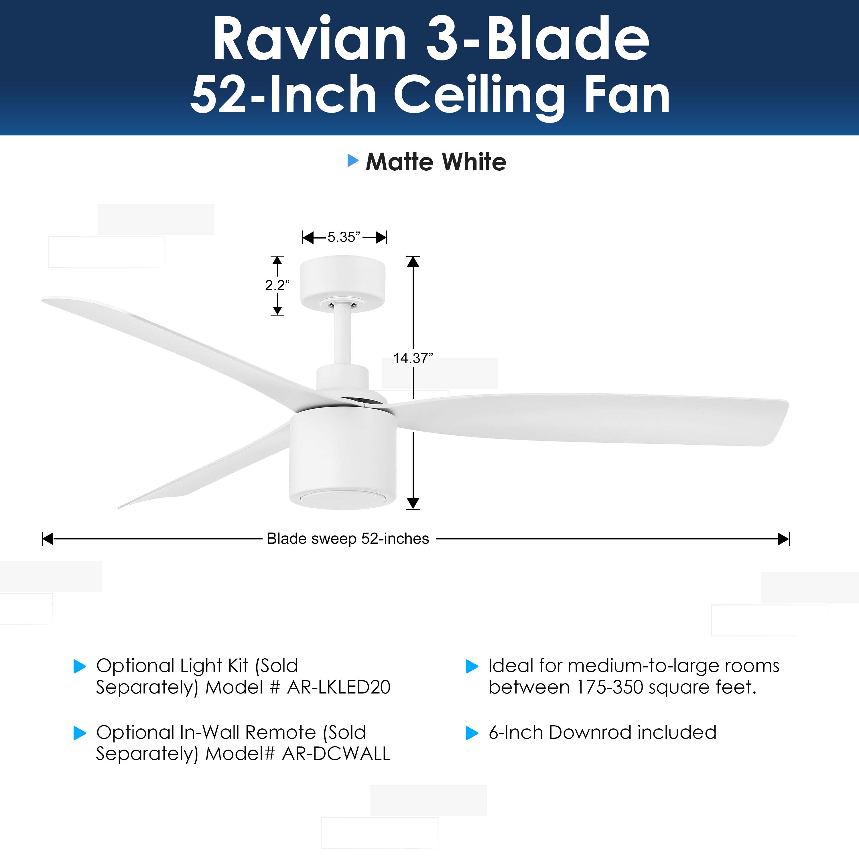 Ravian 3-blade ceiling fan with dimensions and features on a white background