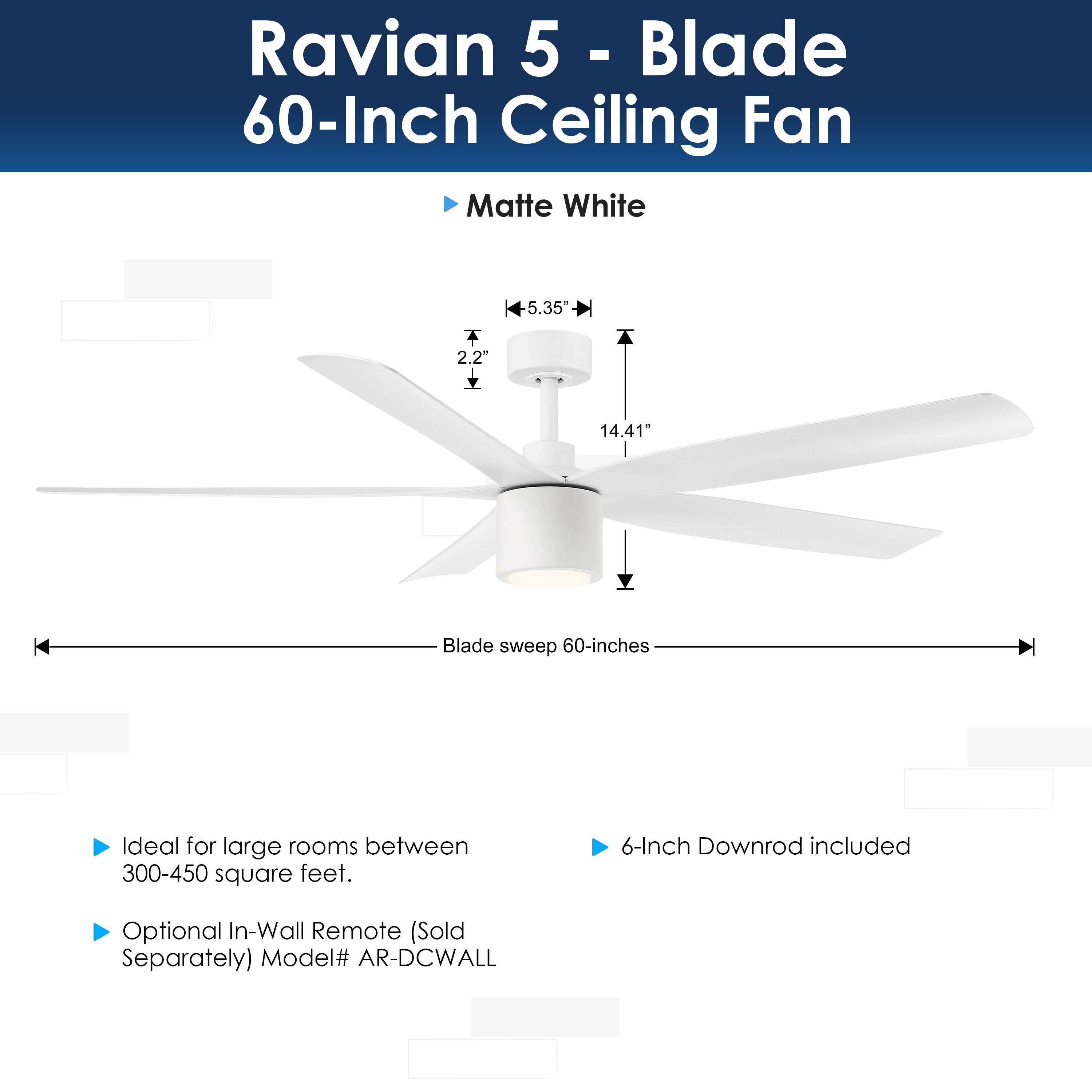 dimensions of RAVIAN® 60" 5-Blade Ceiling Fan in matte white