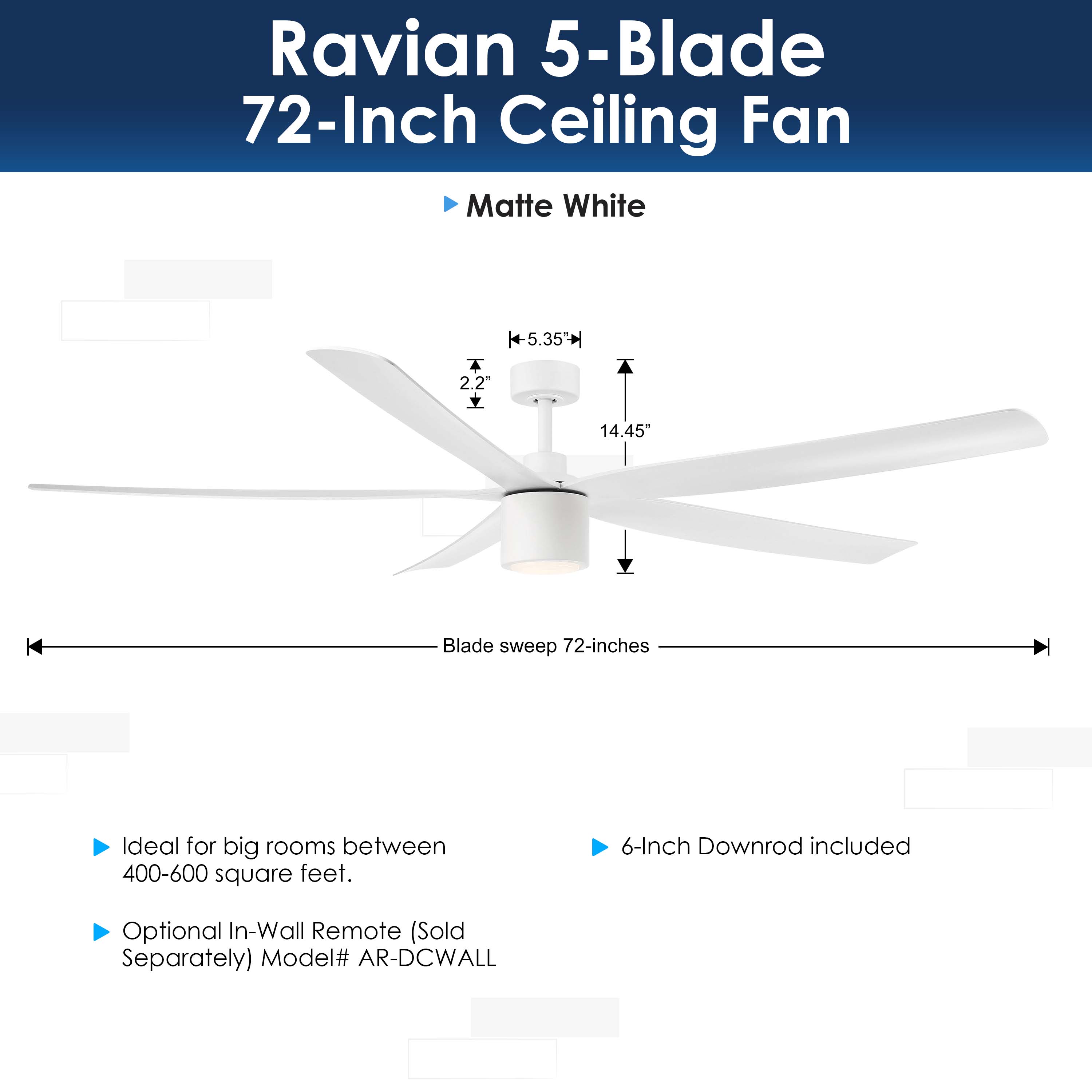 Ravian 5-blade 72-inch ceiling fan with dimensions and features on a white background