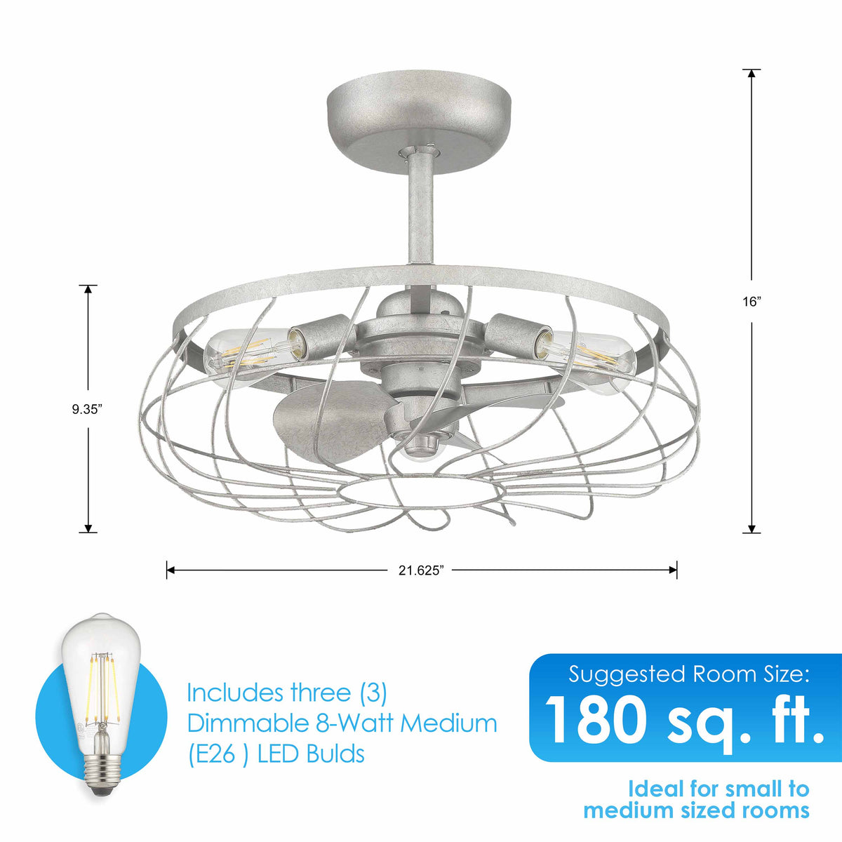 dimensions of Santiago® 22 inch Fandelier Caged Ceiling fan in Galvanized Finish